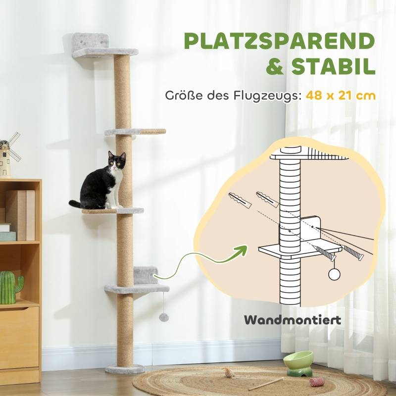 Arbre à chat à 5 niveaux, jouet, poteaux en sisal, tissu peluche, gris clair - Image 5