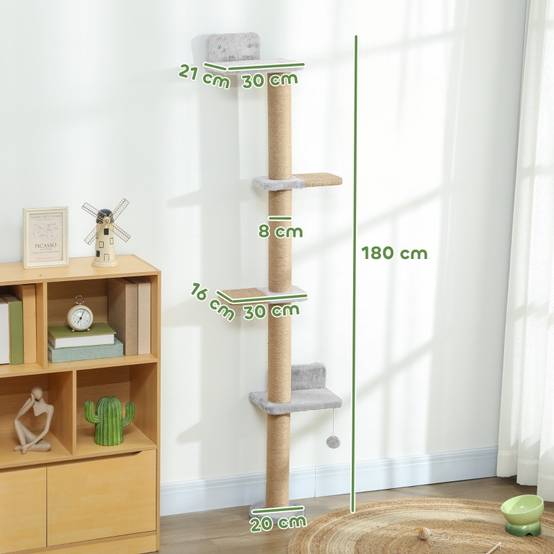 Arbre à chat à 5 niveaux, jouet, poteaux en sisal, tissu peluche, gris clair - Image 3