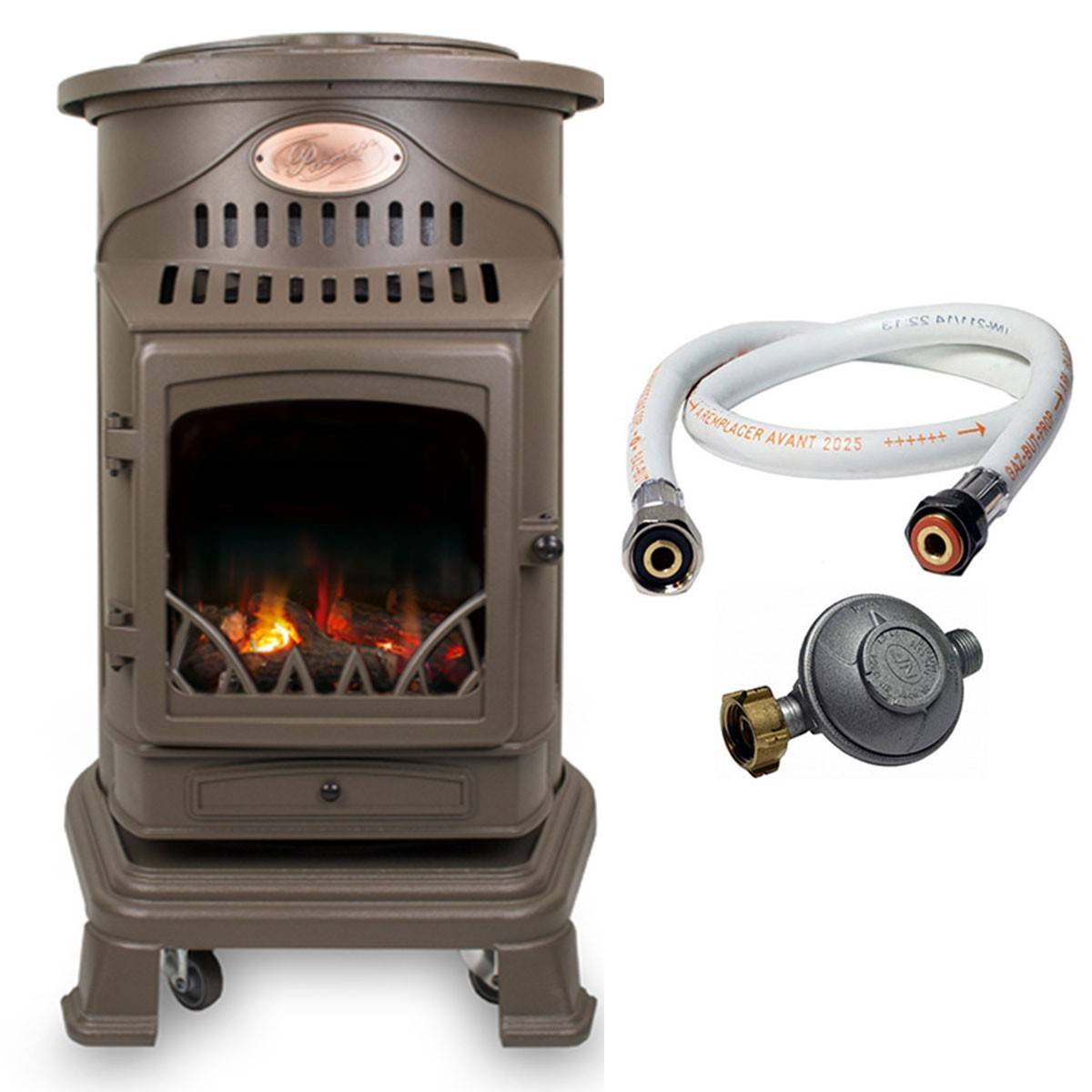 Universal - Poele à gaz 3,4KW Fonte véritable Provence Marron miel + Tuyau gaz + Detendeur gaz butane UNIVERSAL - Imagen 1