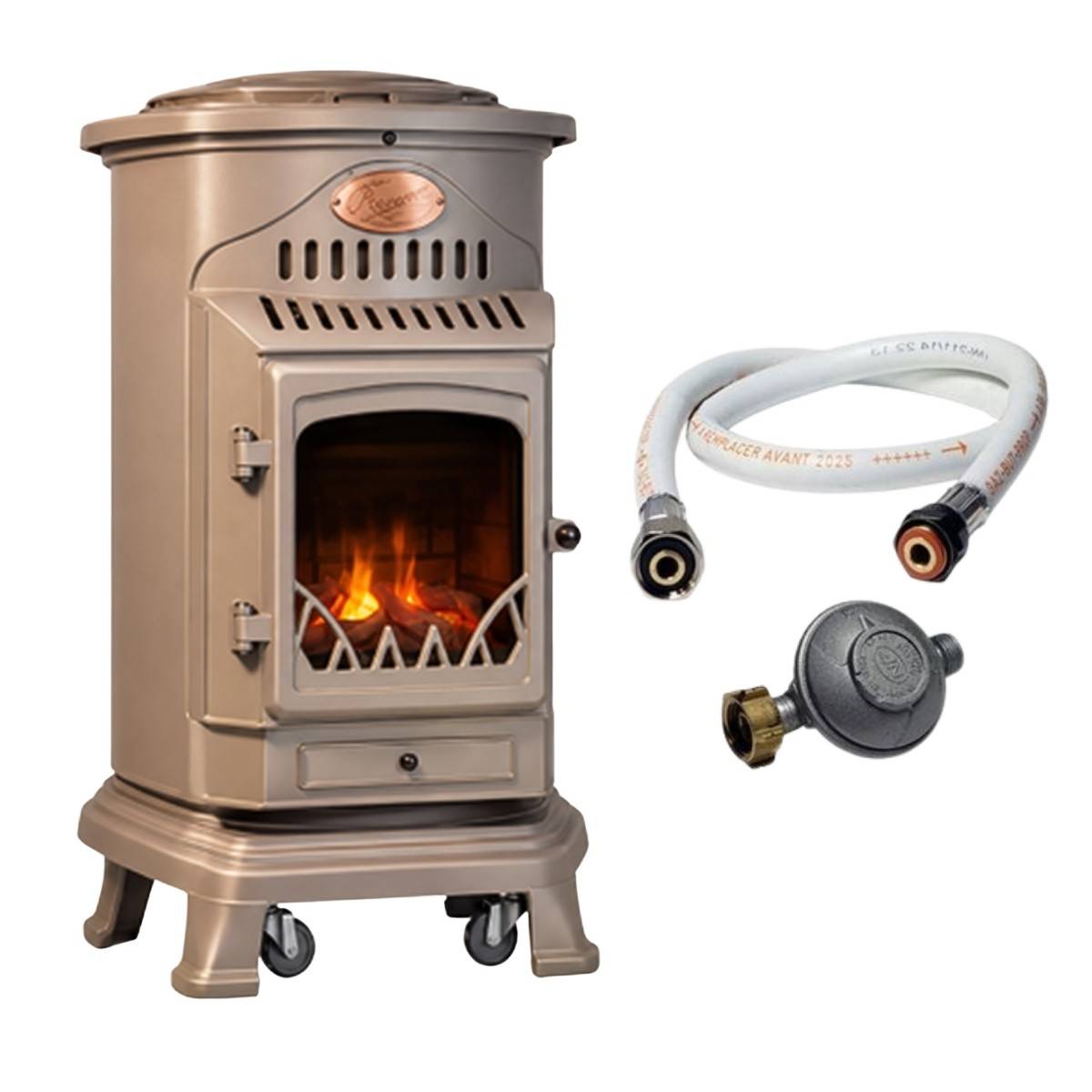 Universal - Poele à gaz 3,4KW Fonte véritable Provence Marron miel + Tuyau gaz + Detendeur gaz butane Sahara - Imagen 1