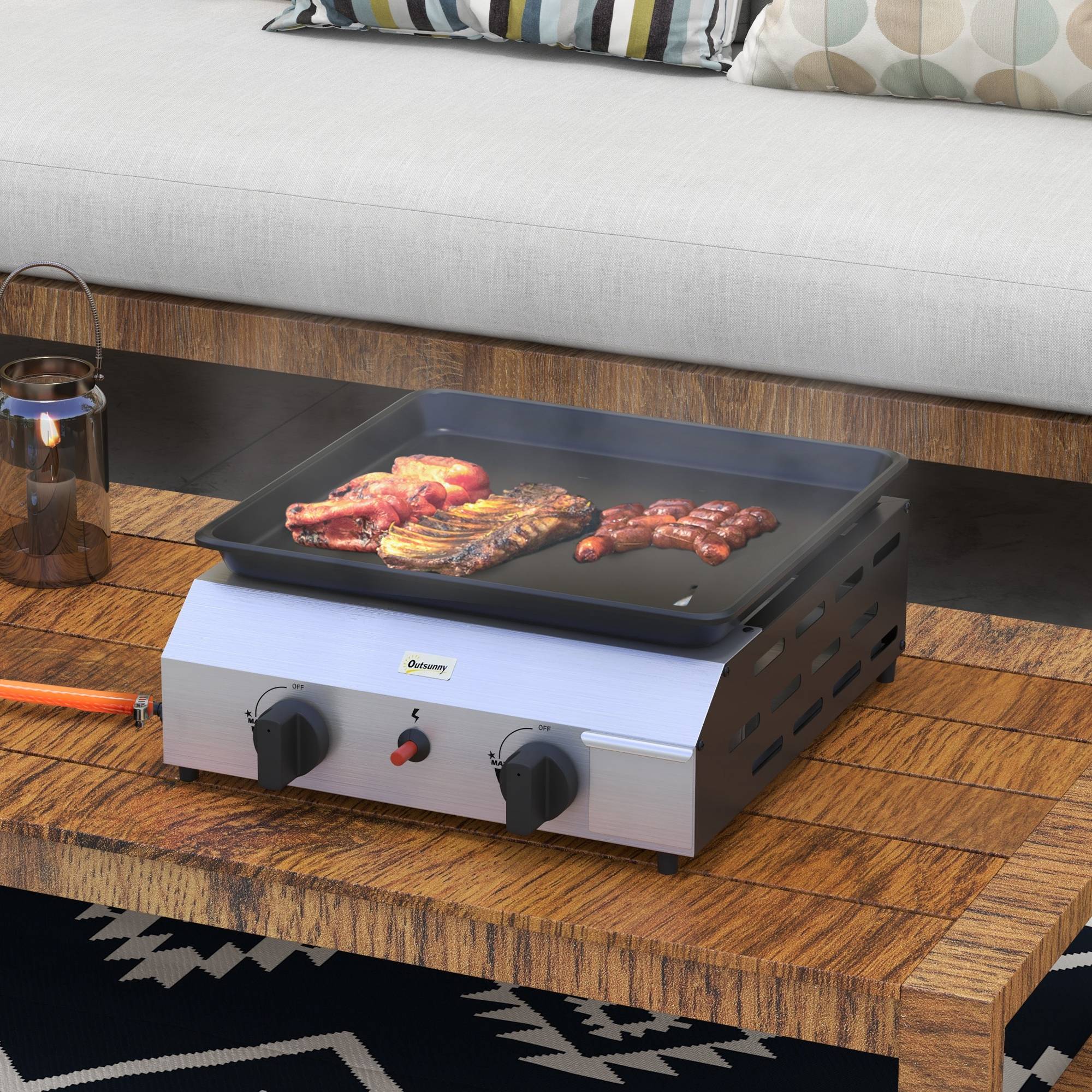 Plancha gaz en acier inox émaillé 2 brûleurs 4,8 kW antiadhésive grande surface de cuisson 40L x 34l cm, transportable - Image 3