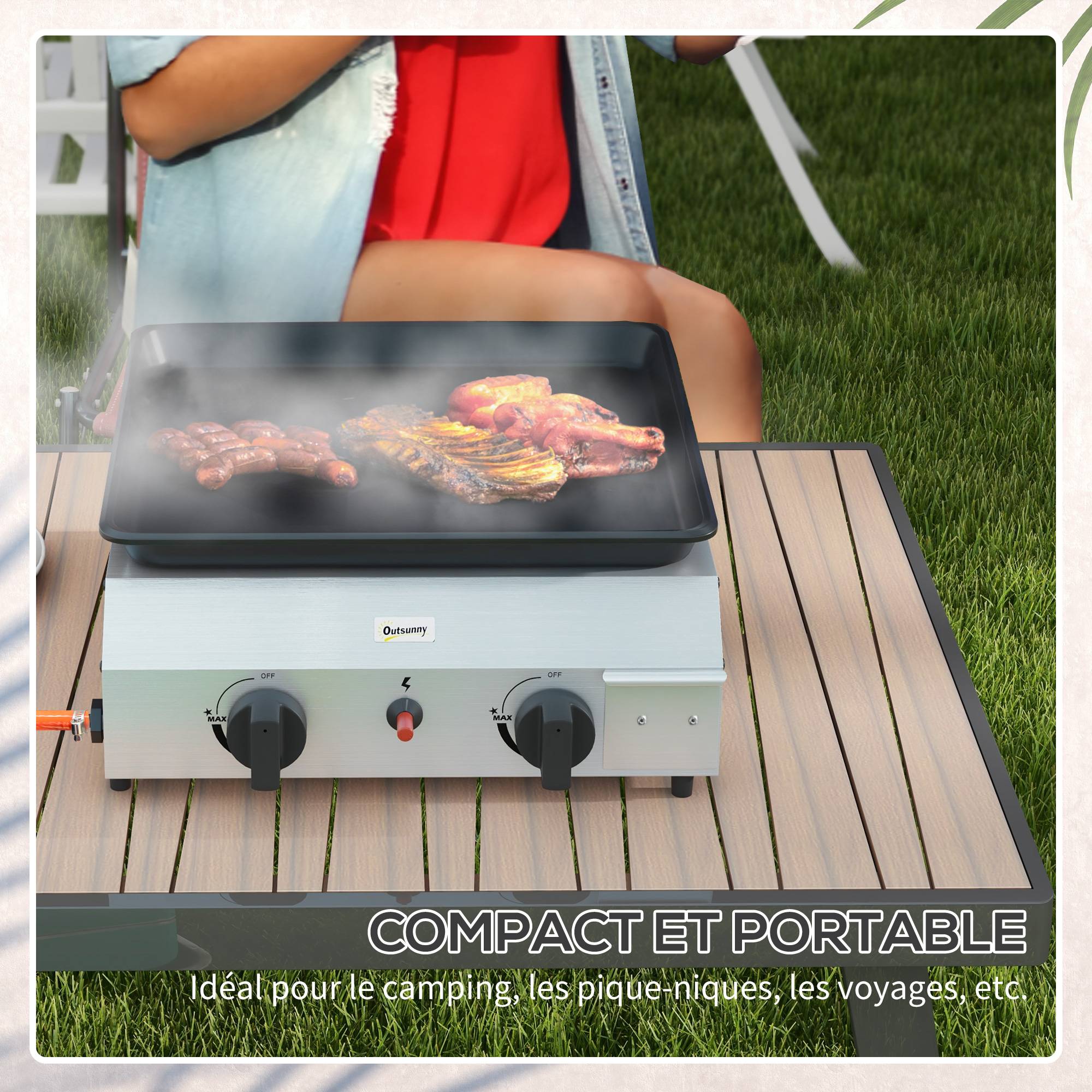 Plancha gaz en acier inox émaillé 2 brûleurs 4,8 kW antiadhésive grande surface de cuisson 40L x 34l cm, transportable - Image 8