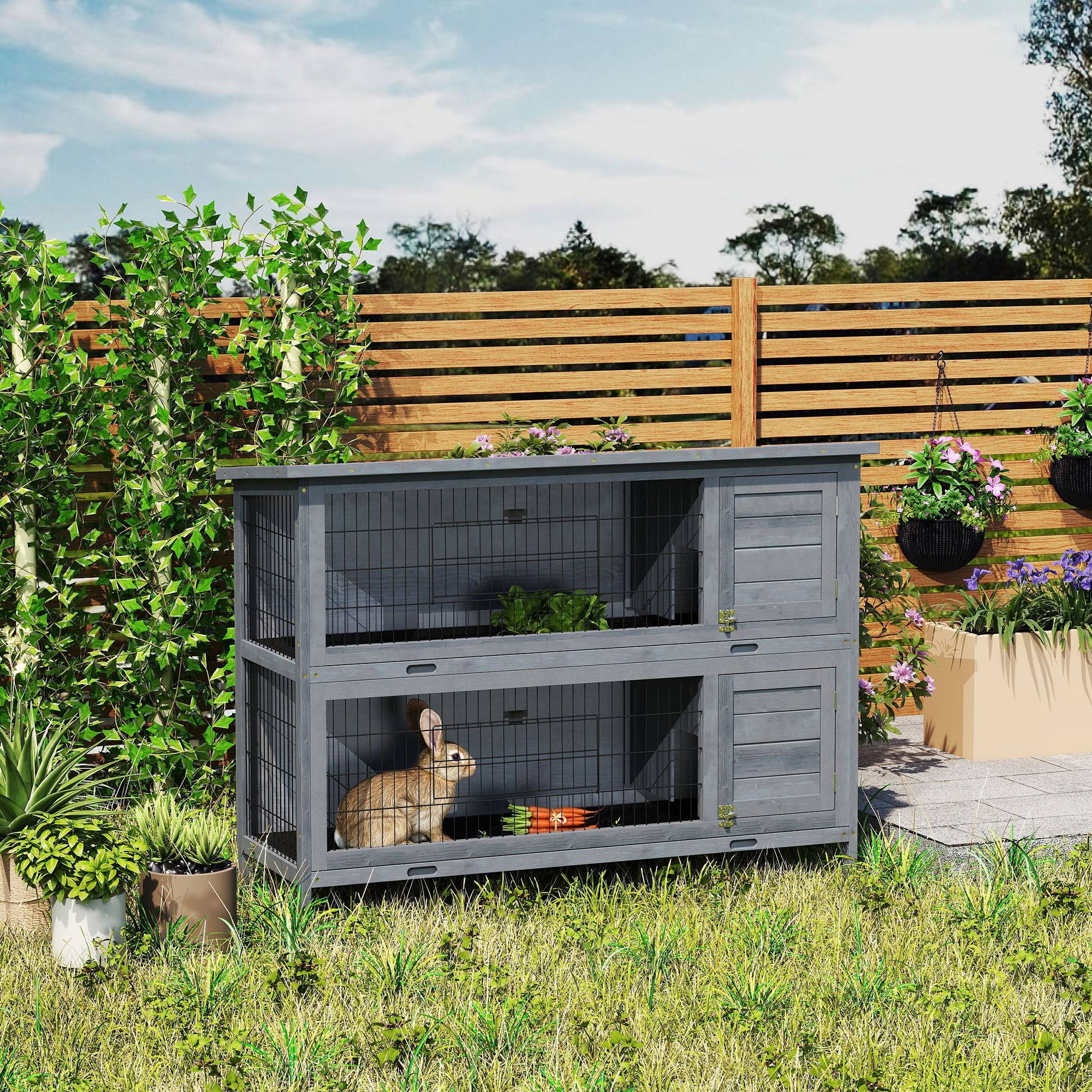 Cage lapins bois 2 étages, toit bitume, bac, portes petits animaux, 136,4 x 50 x 93 cm, gris - Image 4