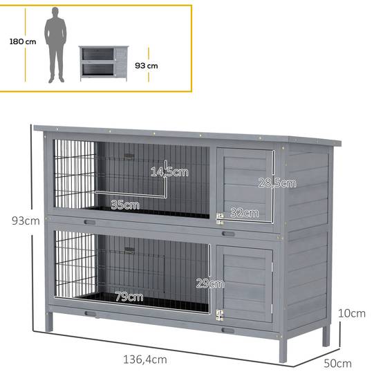 Cage lapins bois 2 étages, toit bitume, bac, portes petits animaux, 136,4 x 50 x 93 cm, gris - Image 5