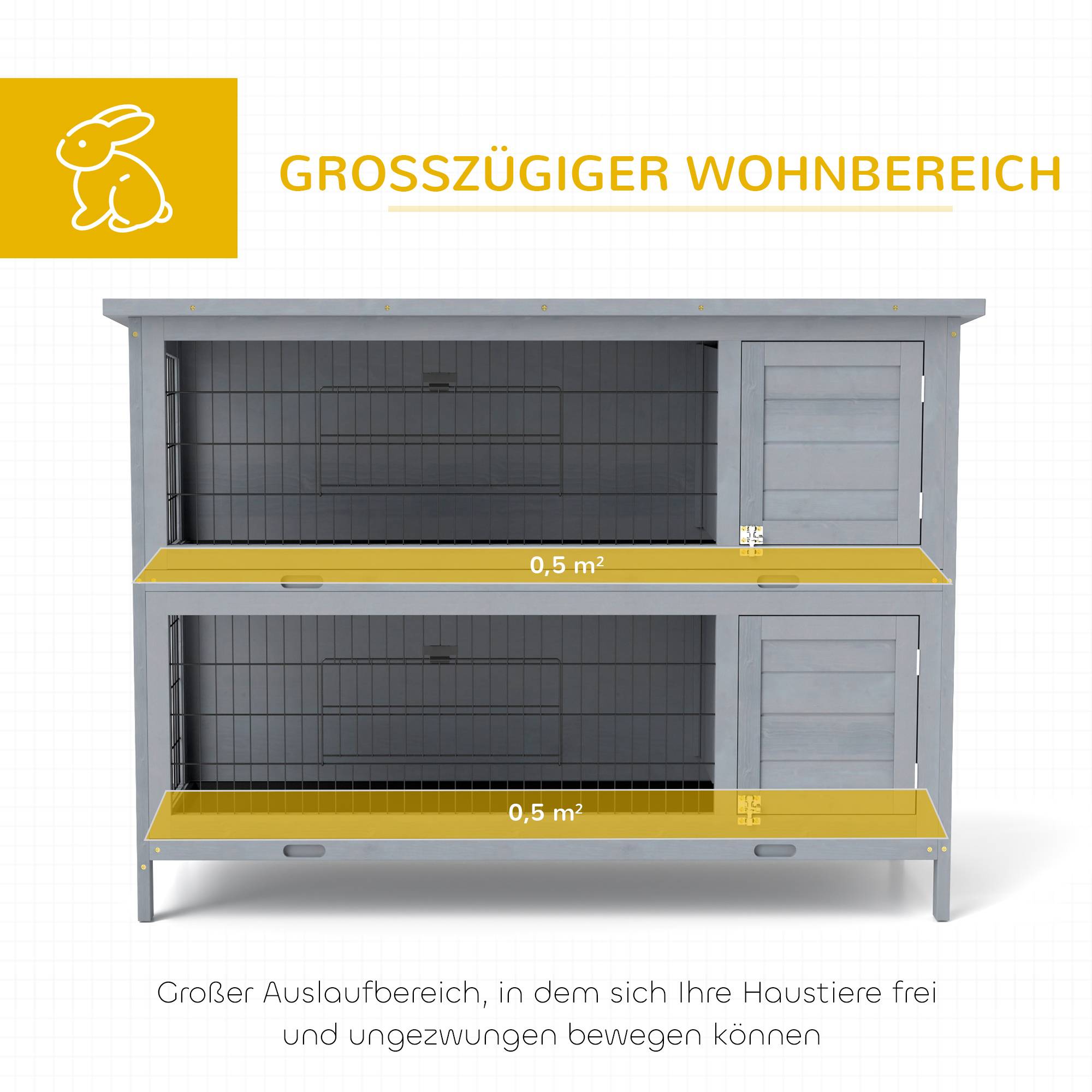 Cage lapins bois 2 étages, toit bitume, bac, portes petits animaux, 136,4 x 50 x 93 cm, gris - Image 6