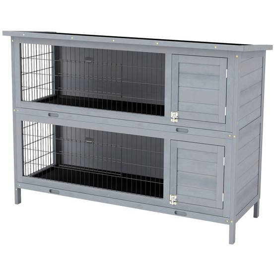 Cage lapins bois 2 étages, toit bitume, bac, portes petits animaux, 136,4 x 50 x 93 cm, gris - Image 2