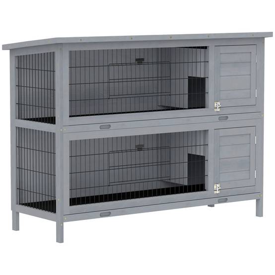 Cage lapins bois 2 étages, toit bitume, bac, portes petits animaux, 136,4 x 50 x 93 cm, gris - Image 1