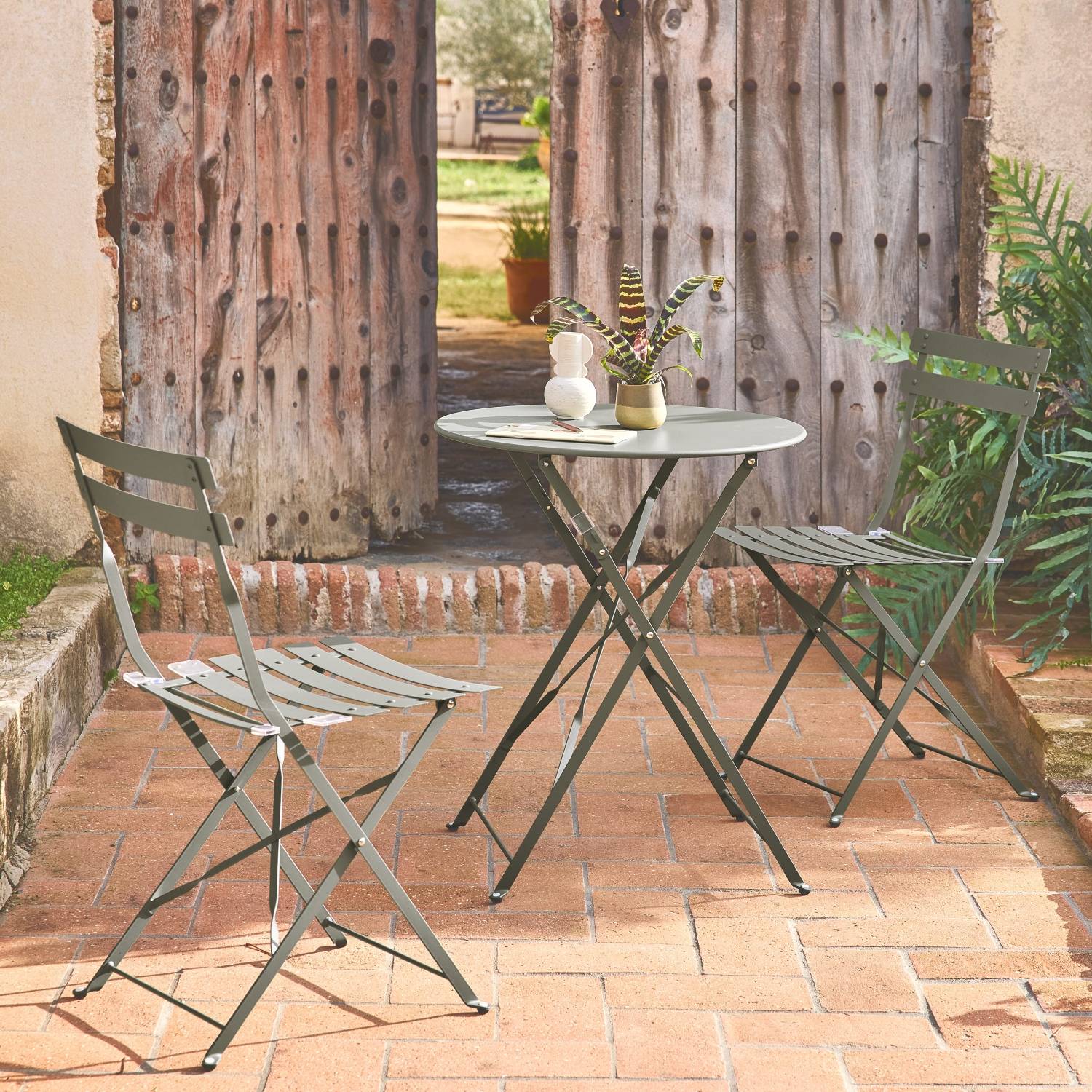 sweeek - Table de jardin bistrot pliante métal + 2 assises kaki Ø60 x 70cm. acier thermolaqué | sweeek - Image 1