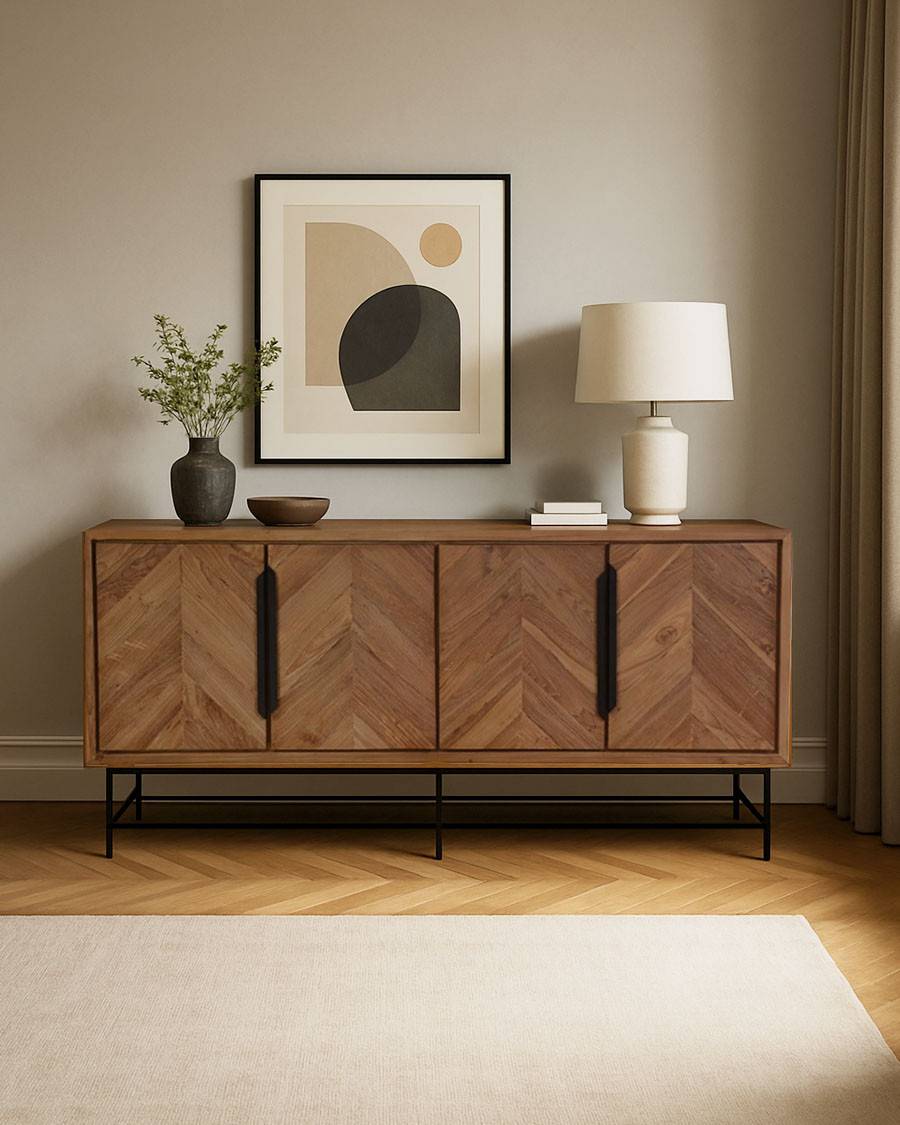 Kappa - Grand Buffet bas en teck recyclé avec motif chevron et métal 180 cm - UNIQKA - Imagen 2