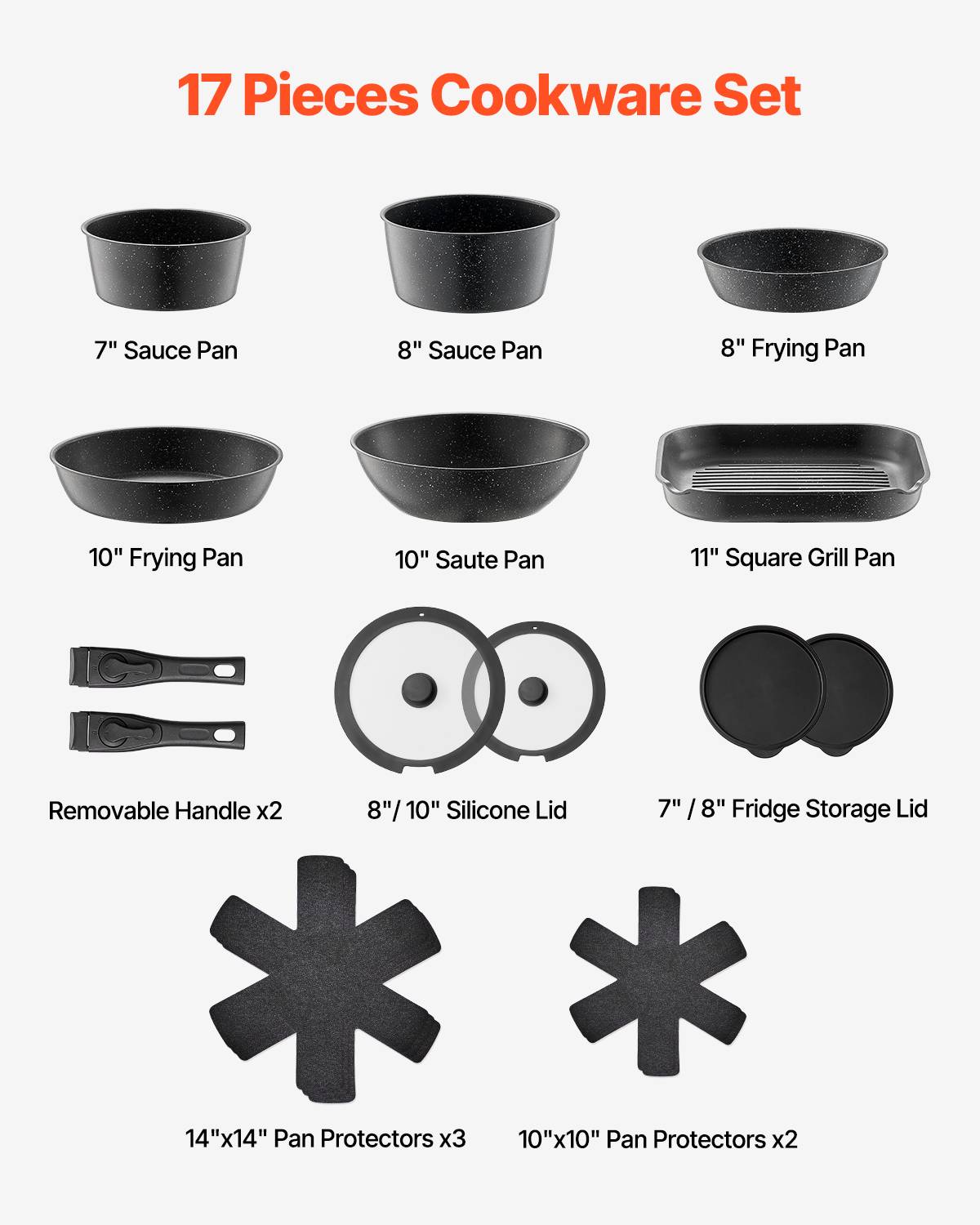 VEVOR Batterie cuisine 17 pièces, induction, antiadhésif, poignée amovible. Verre trempe, noir. - Image 2