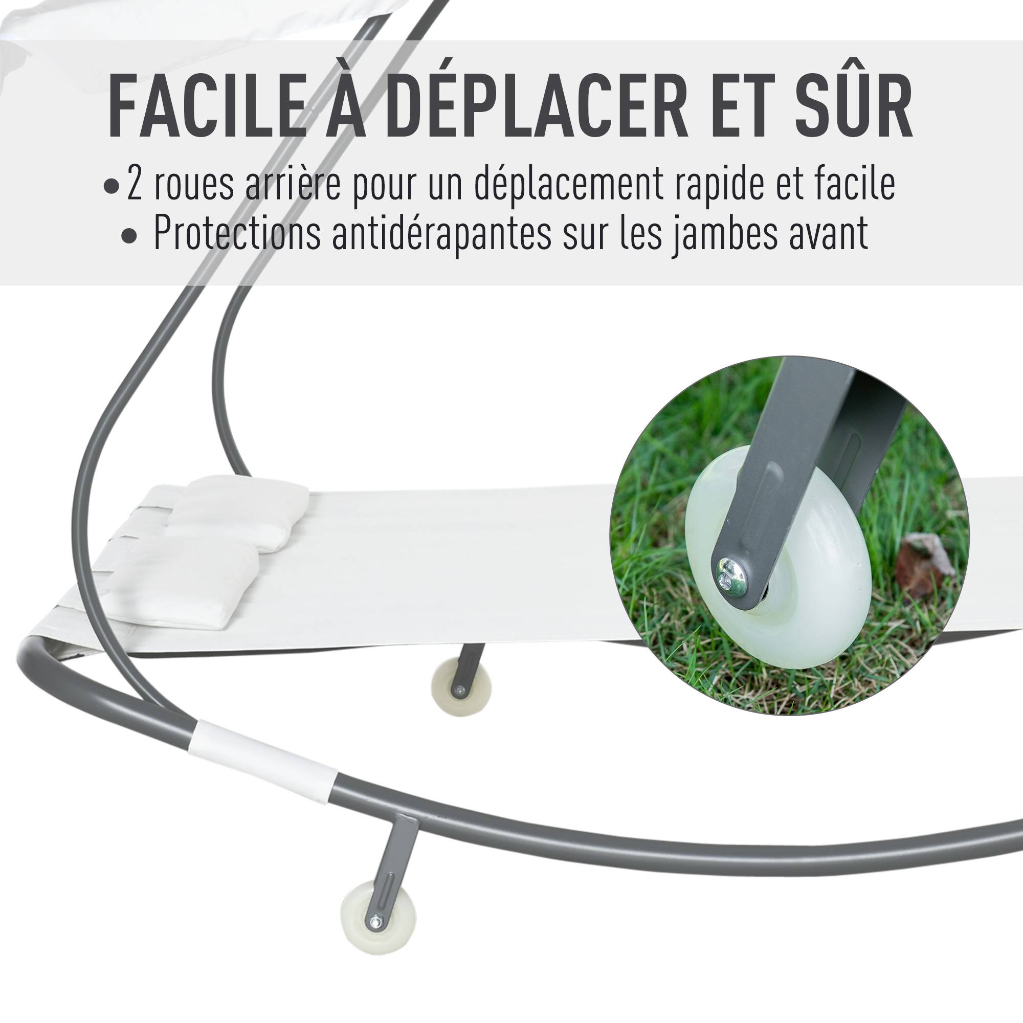 Outsunny - Bain de soleil 2 places lit de jardin design contemporain toit réglable 2 roulettes 2 oreillers acier époxy polyester crème - Outsunny - Imagen 7