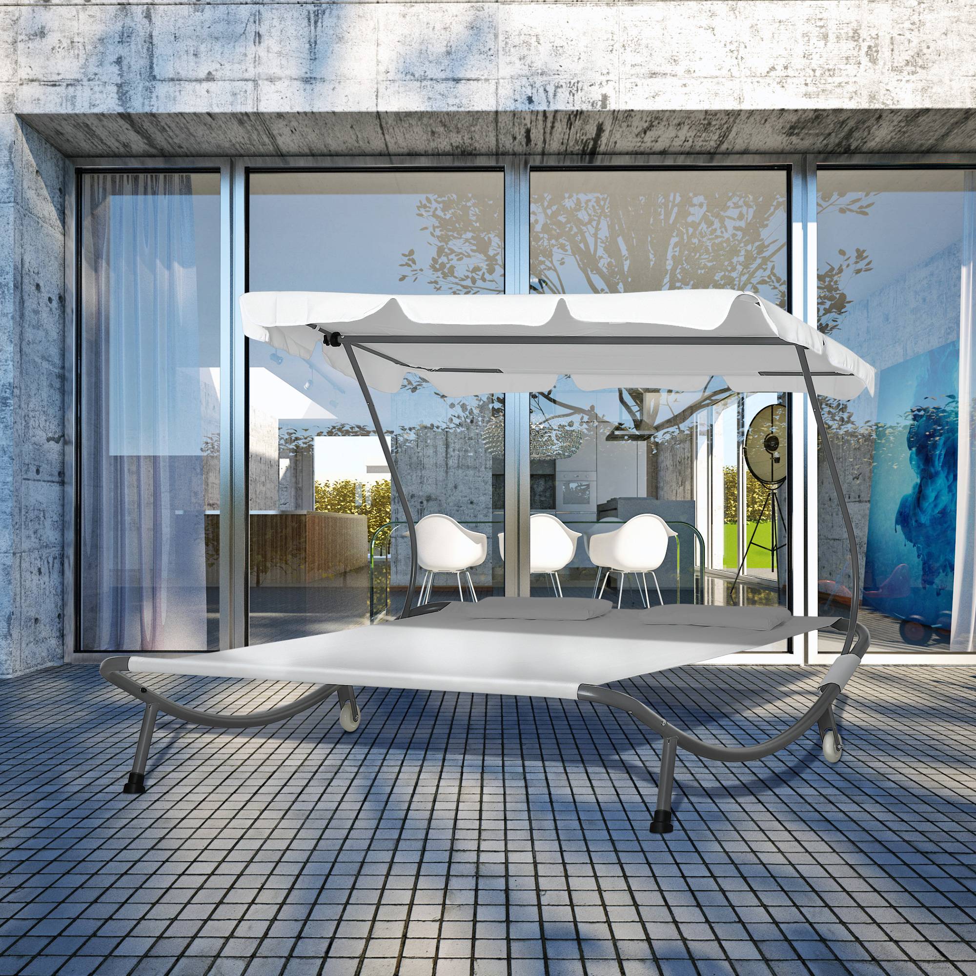 Outsunny - Bain de soleil 2 places lit de jardin design contemporain toit réglable 2 roulettes 2 oreillers acier époxy polyester crème - Outsunny - Imagen 2