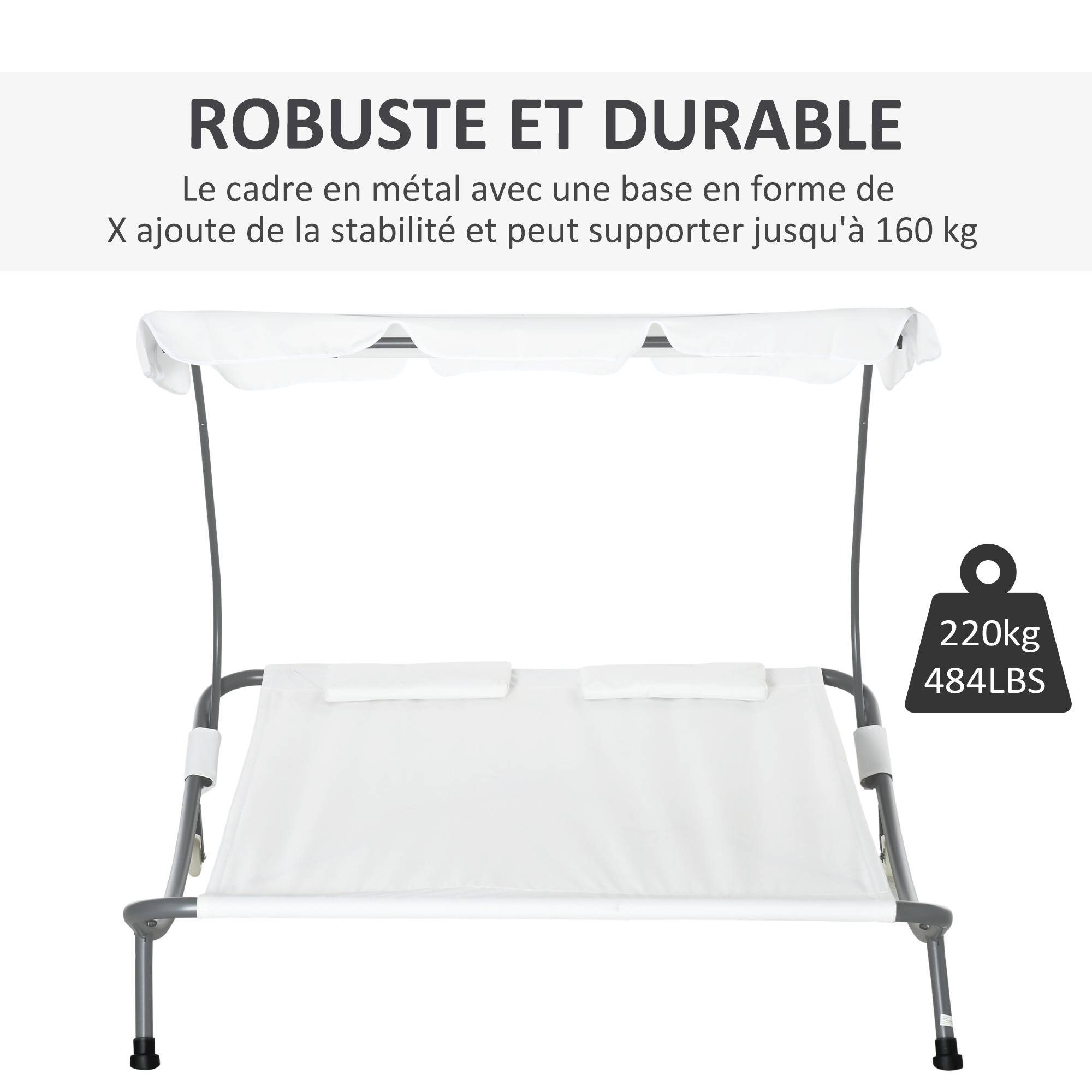 Outsunny - Bain de soleil 2 places lit de jardin design contemporain toit réglable 2 roulettes 2 oreillers acier époxy polyester crème - Outsunny - Imagen 6