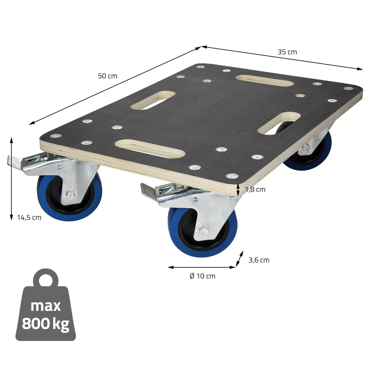 Ecd-Germany - Lot de 2 chariots de transport avec 2 freins 35x50 cm capacité 800 kg plateau contreplaqué antidérapant roulettes en PP pour meubles et déménagement - Imagen 7