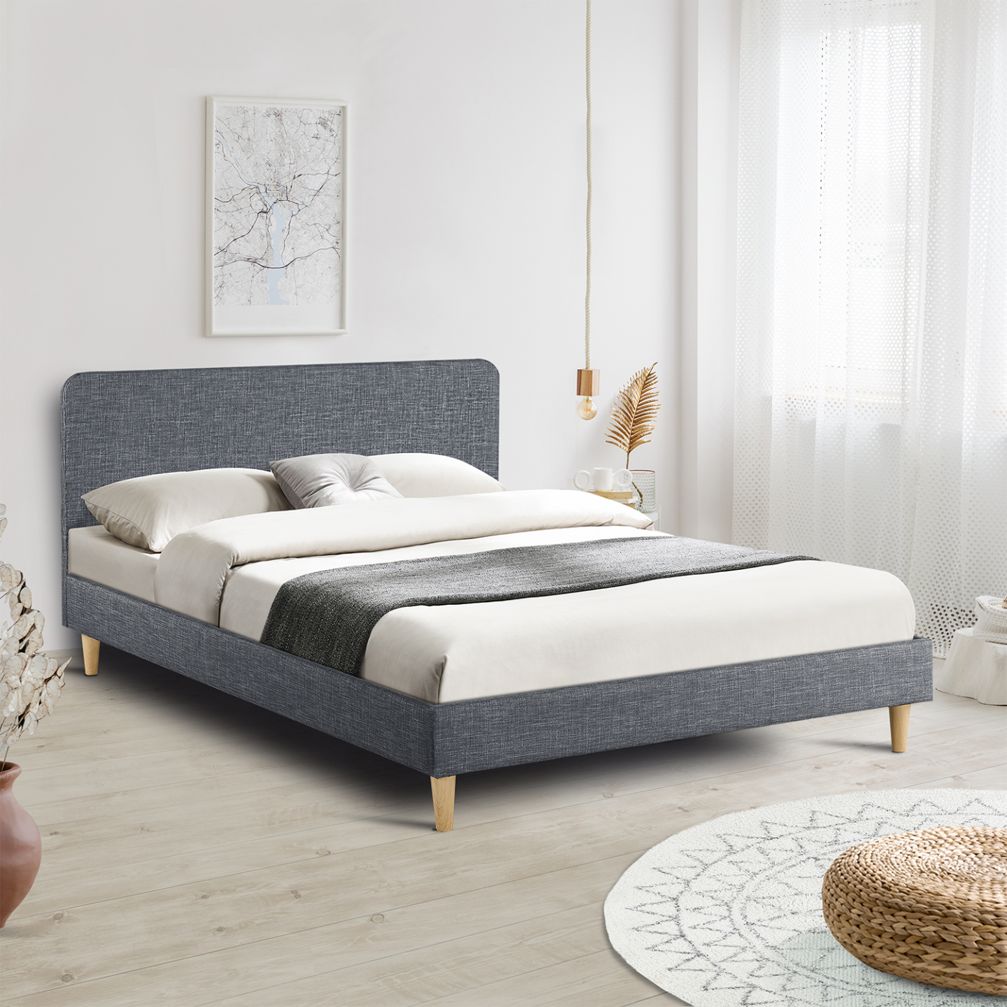 Lit double scandinave BALTA avec tête de lit et sommier 140 x 190 cm tissu gris anthracite - Image 1