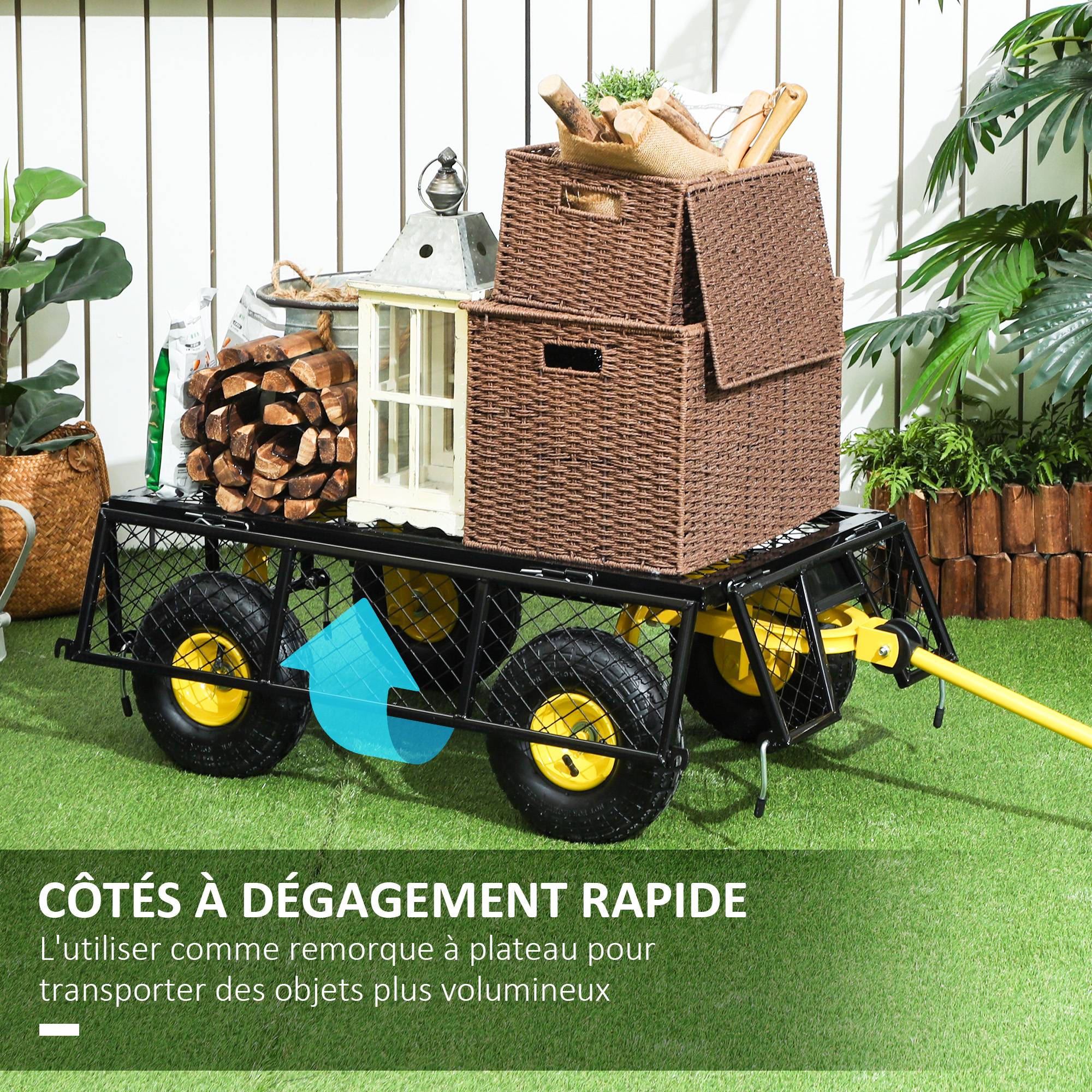 Chariot de jardin acier noir et jaune 104 x 54 x 51 cm - PANGIVO - Image 7