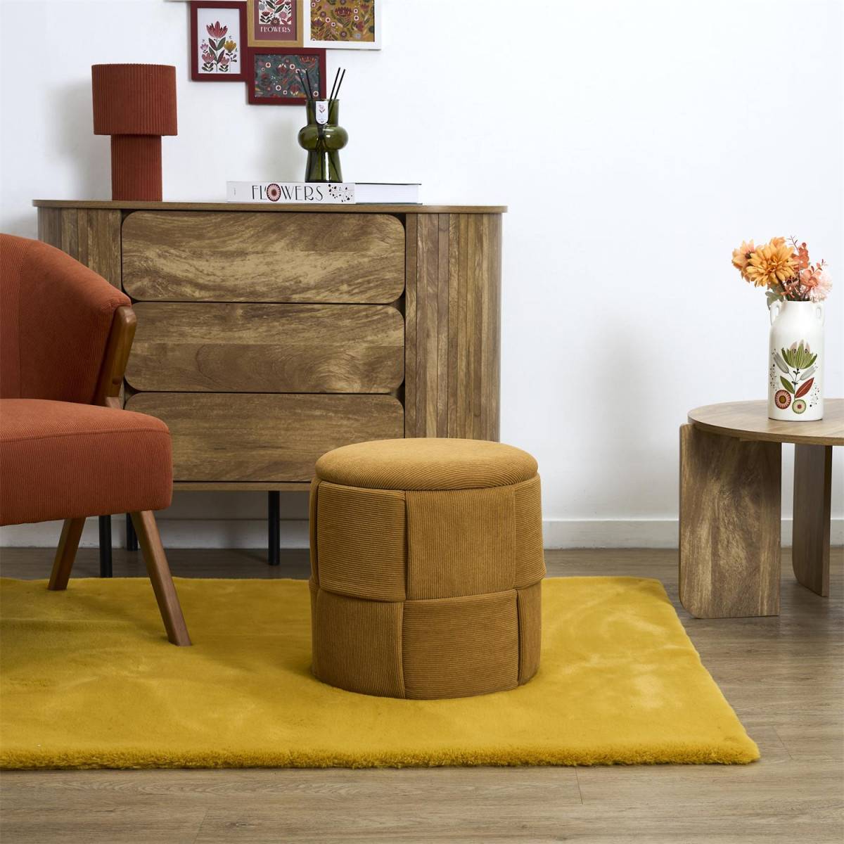 The Home Deco Factory - Pouf Coffre Tressé Côtelé "Jules" 38cm Jaune - Image 5