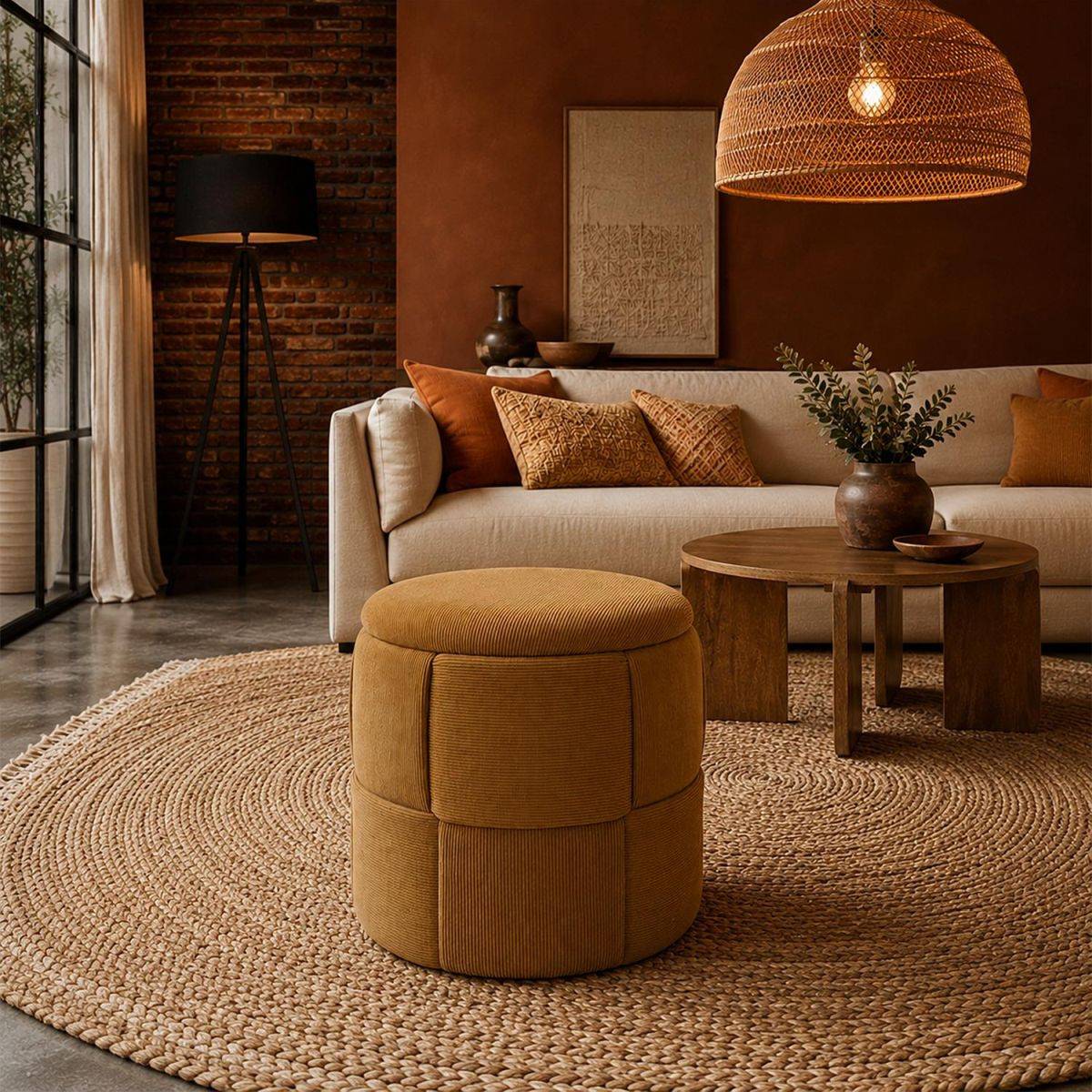 The Home Deco Factory - Pouf Coffre Tressé Côtelé "Jules" 38cm Jaune - Image 4