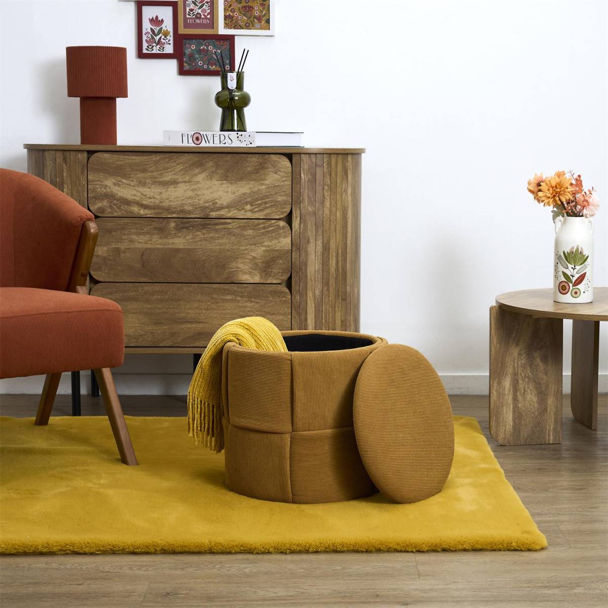 The Home Deco Factory - Pouf Coffre Tressé Côtelé "Jules" 38cm Jaune - Image 6