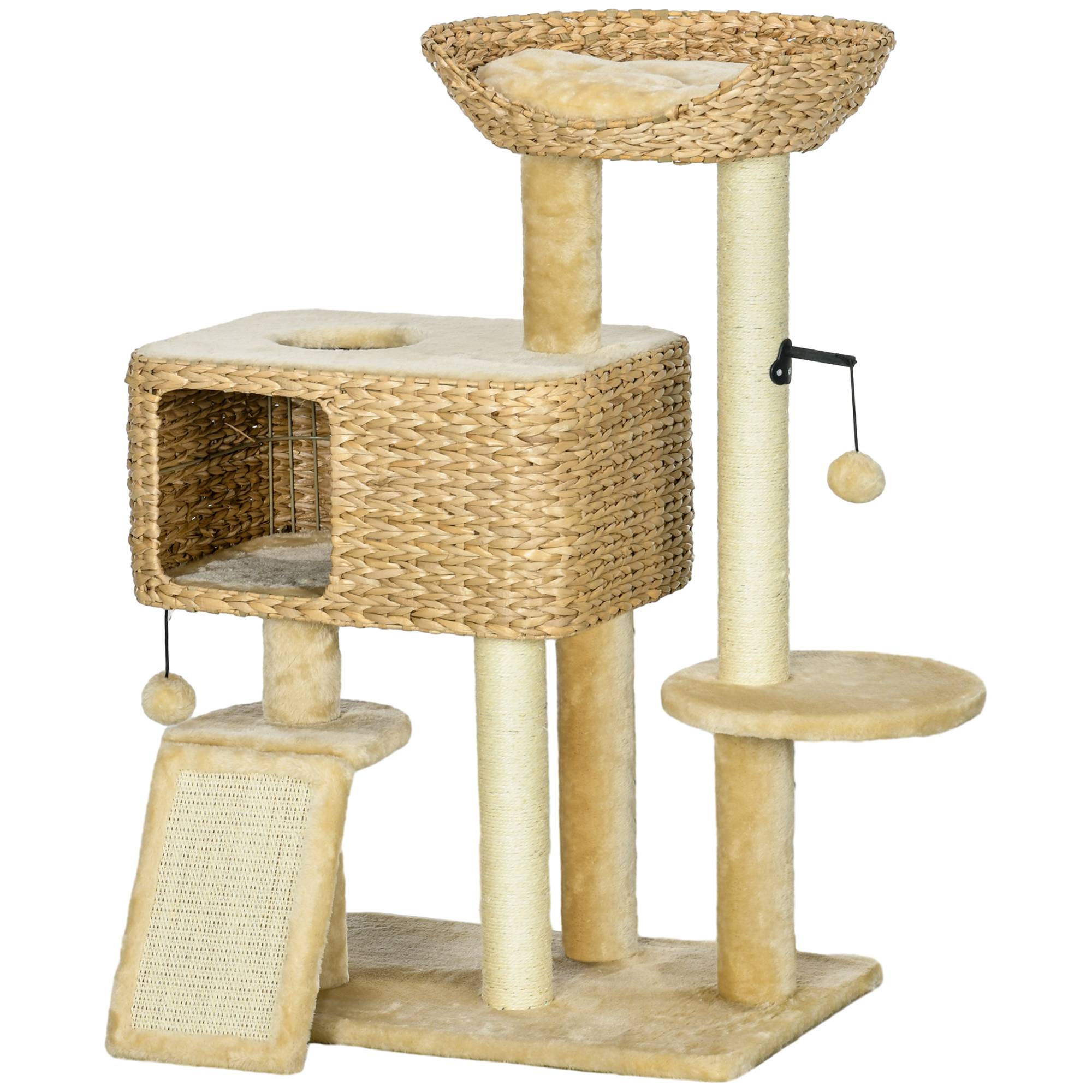 Pawhut - Arbre à chat style cosy chic griffoirs sisal naturel équipement multiple peluche jacinthe d'eau beige - Imagen 1