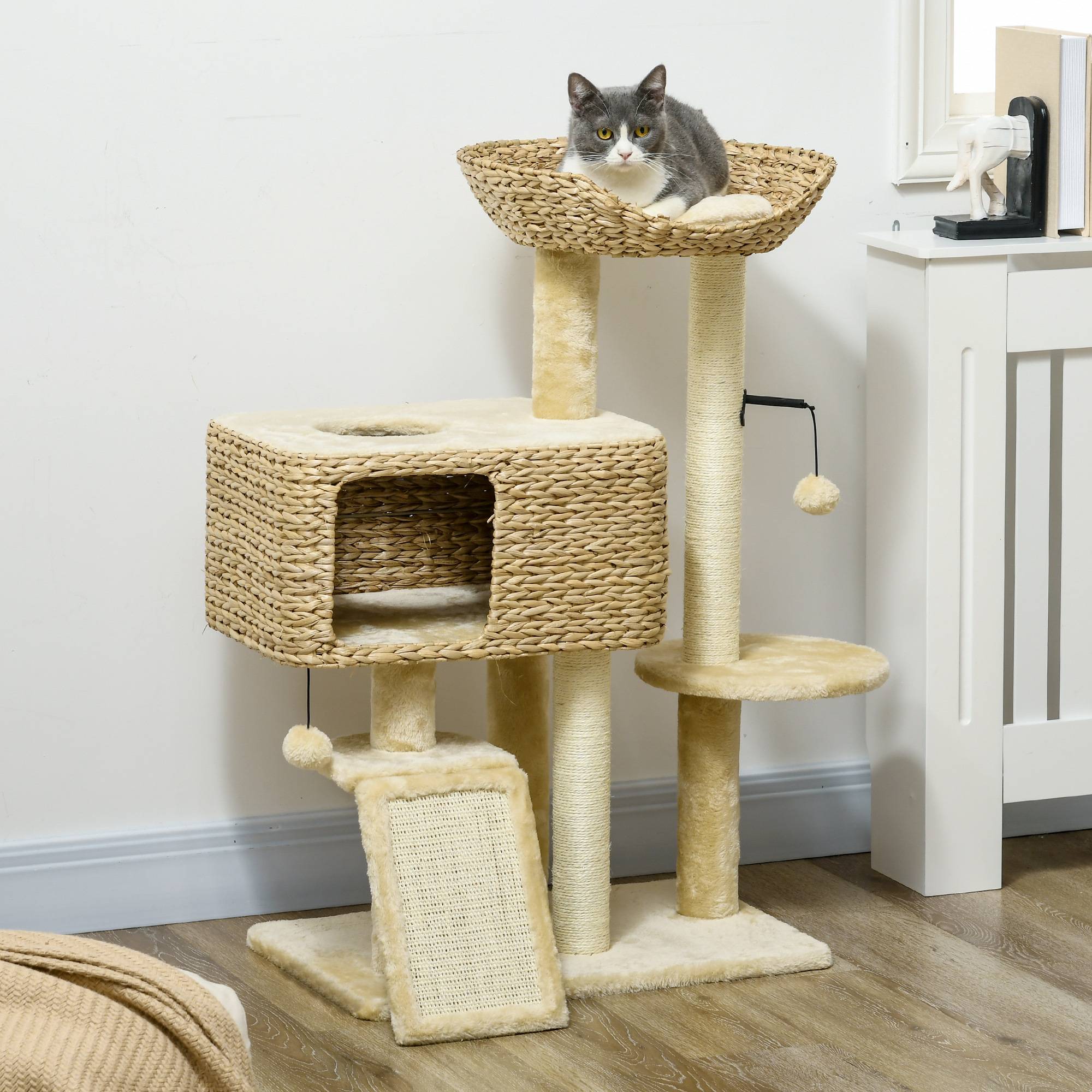 Pawhut - Arbre à chat style cosy chic griffoirs sisal naturel équipement multiple peluche jacinthe d'eau beige - Imagen 2
