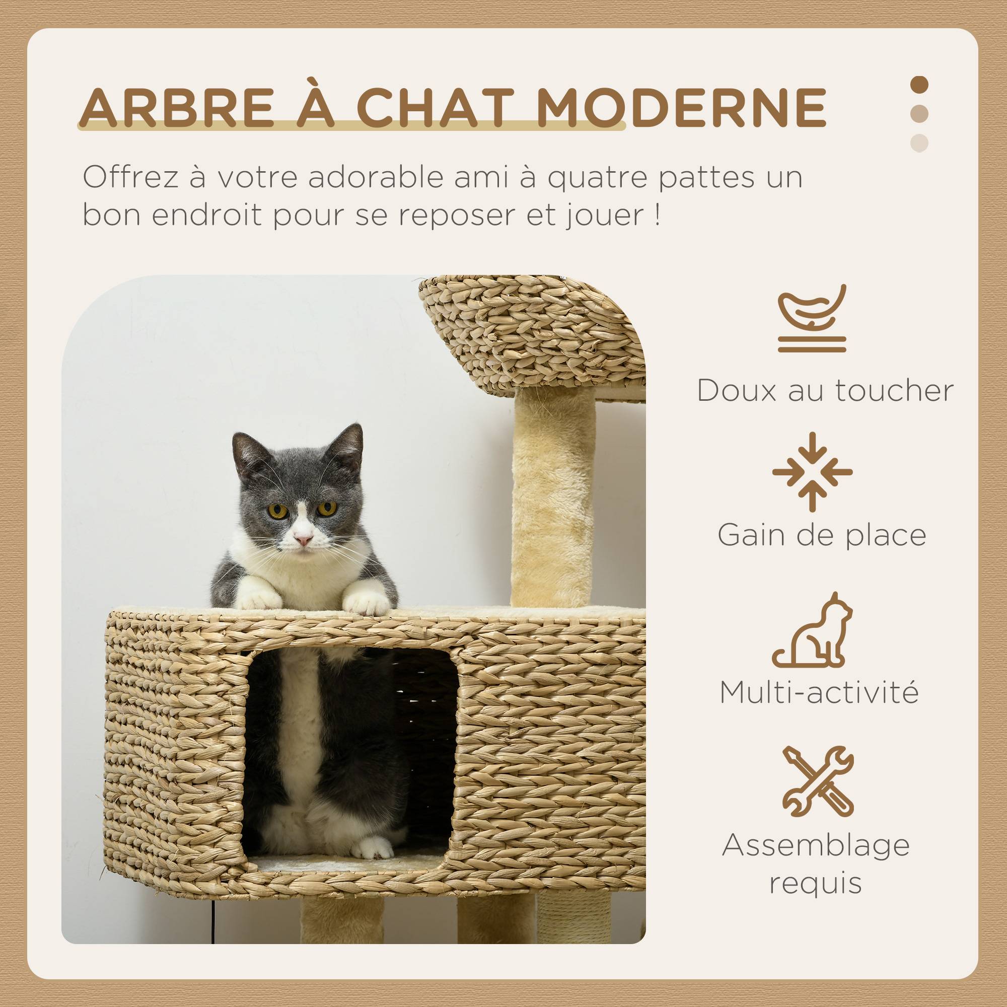 Pawhut - Arbre à chat style cosy chic griffoirs sisal naturel équipement multiple peluche jacinthe d'eau beige - Imagen 4