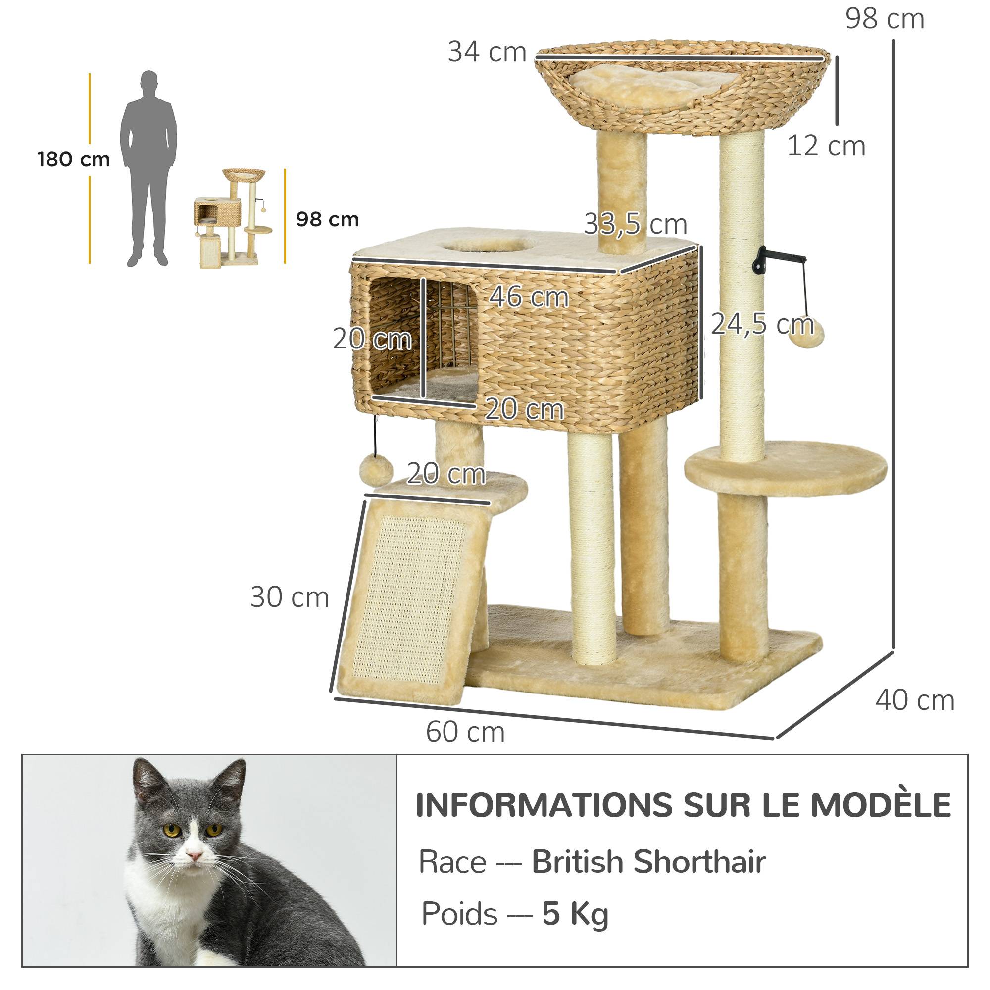 Pawhut - Arbre à chat style cosy chic griffoirs sisal naturel équipement multiple peluche jacinthe d'eau beige - Imagen 3