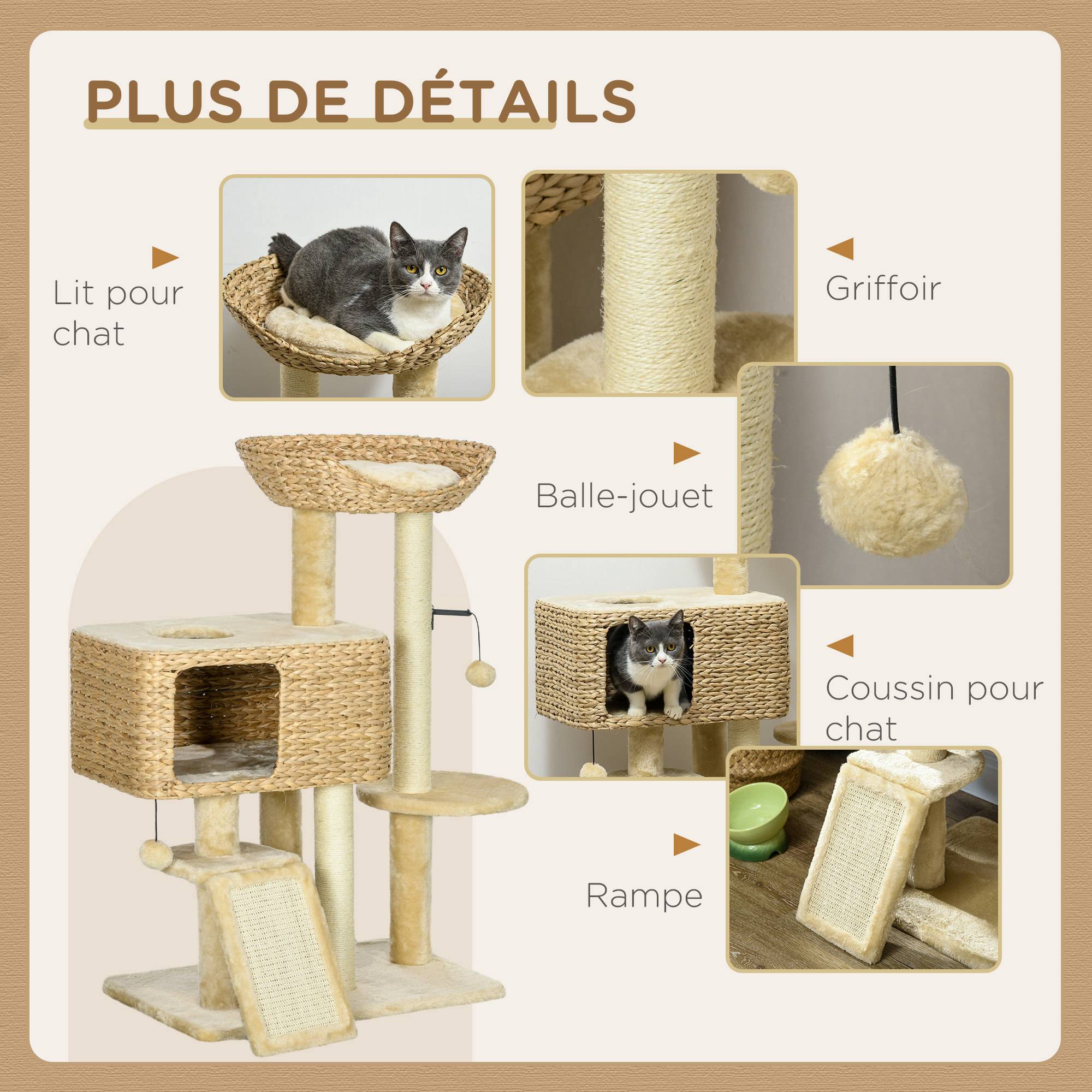 Pawhut - Arbre à chat style cosy chic griffoirs sisal naturel équipement multiple peluche jacinthe d'eau beige - Imagen 5