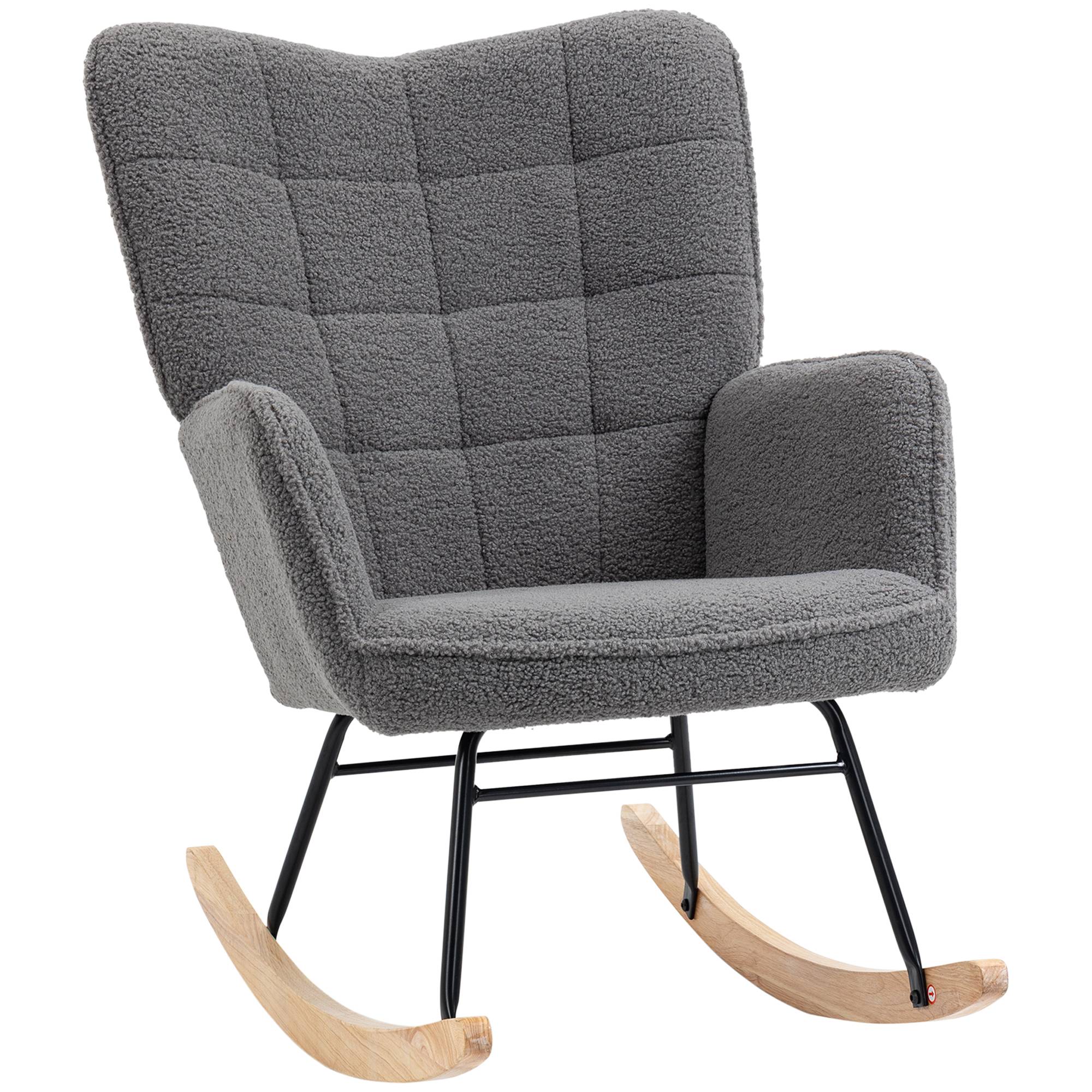 Fauteuil à bascule rocking chair revêtement effet laine bouclée, structure en acier 71 x 98 x 101 cm Gris foncé - Image 1