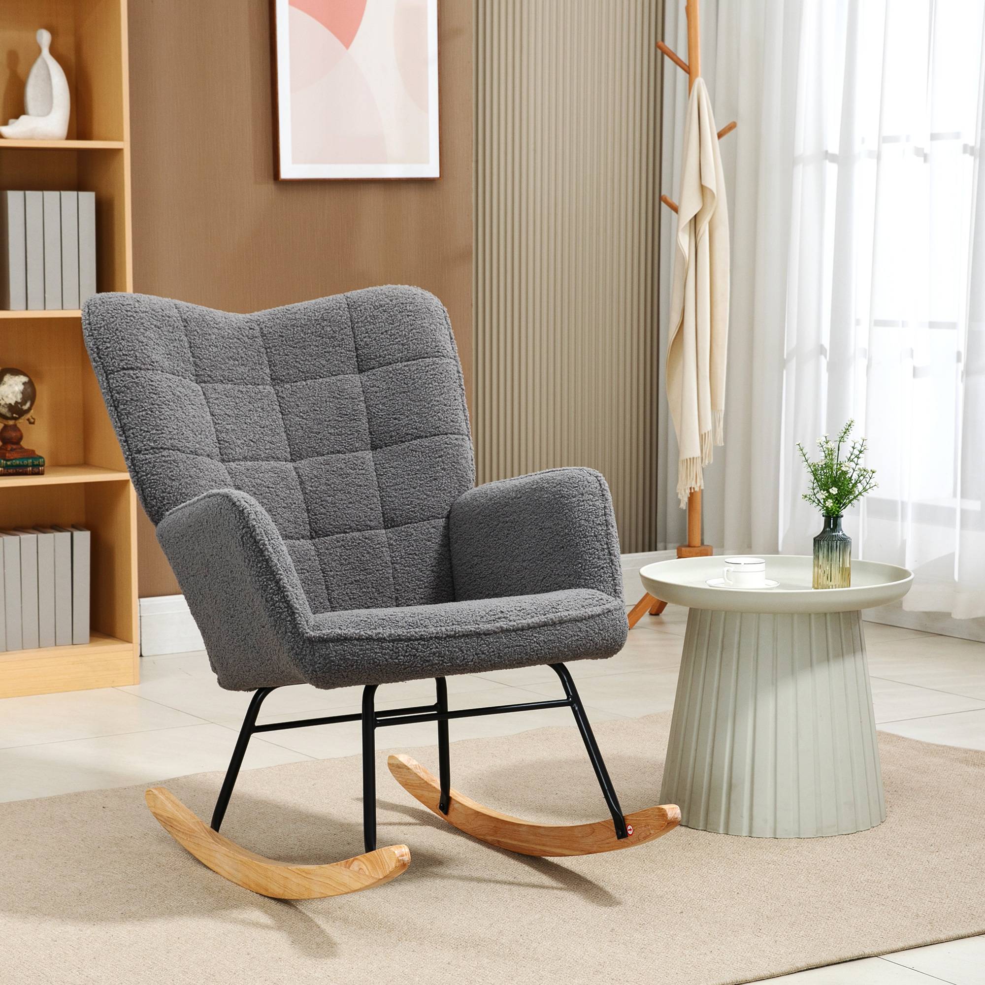 Fauteuil à bascule rocking chair revêtement effet laine bouclée, structure en acier 71 x 98 x 101 cm Gris foncé - Image 3