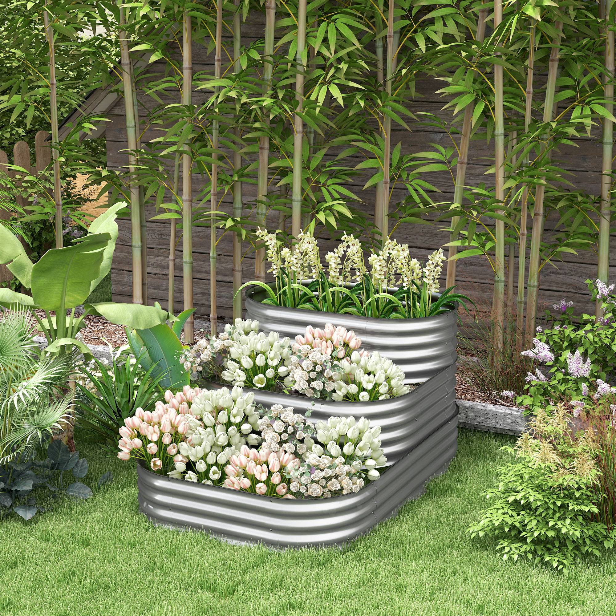 Bac surélevé extérieur escalier fleurs, jardinière, 3 marches, 158x109x82 cm, argent - Image 3