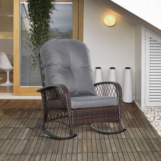 Sellerie pour fauteuil à bascule en PE rotin et acier avec coutures boutonnées, coloris marron et gris - Image 2