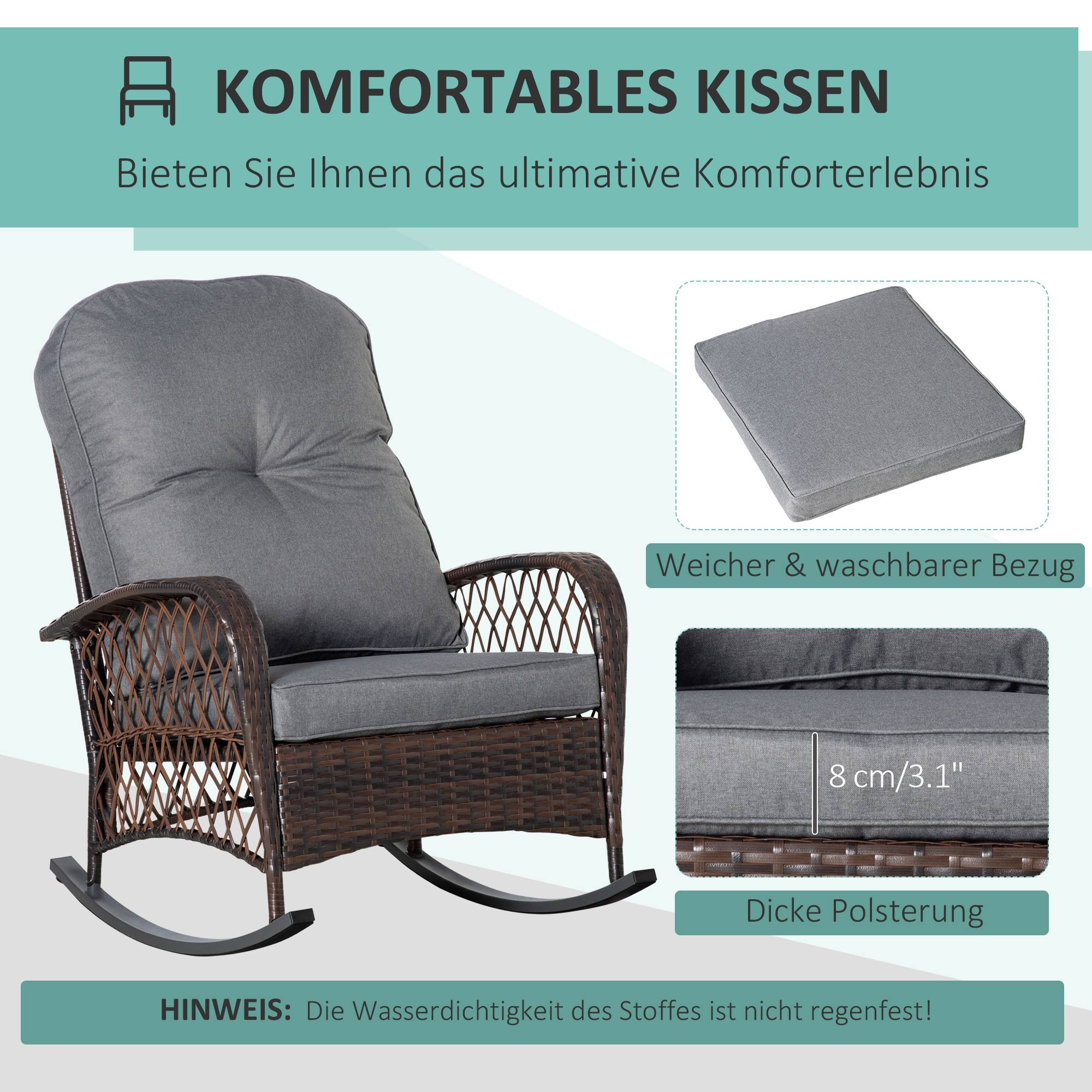 Sellerie pour fauteuil à bascule en PE rotin et acier avec coutures boutonnées, coloris marron et gris - Image 5