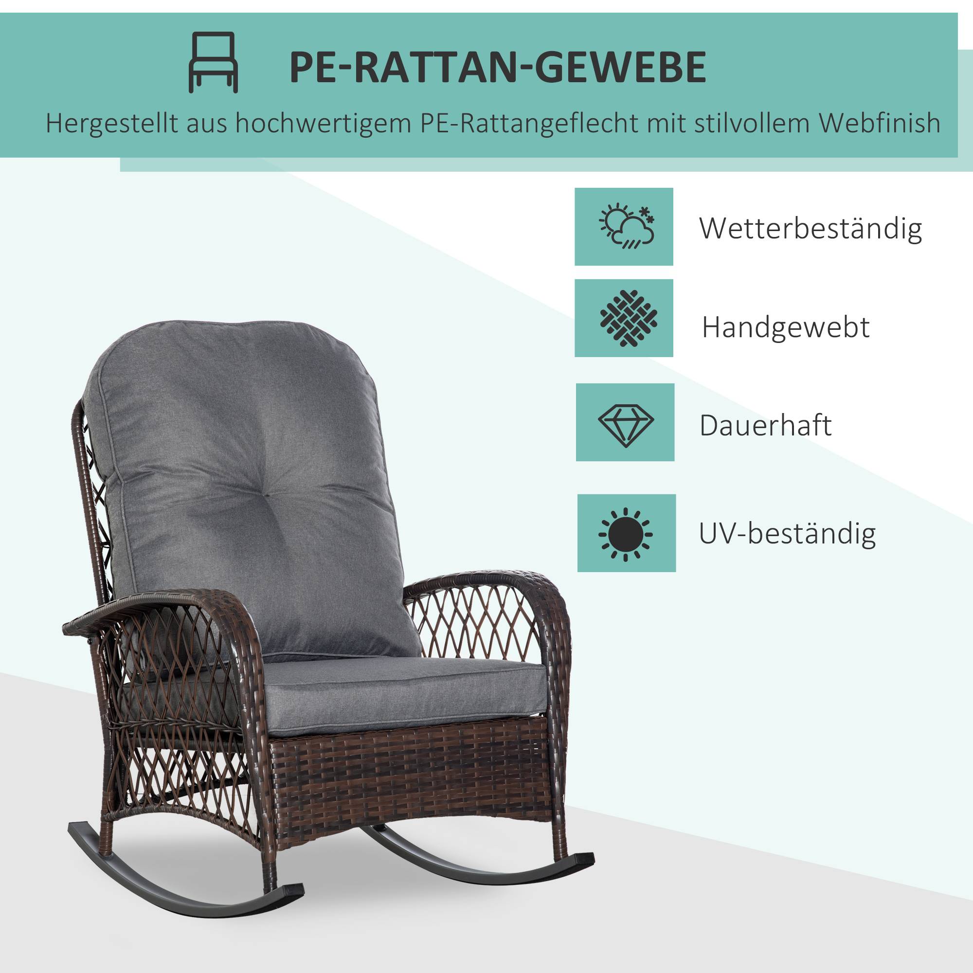 Sellerie pour fauteuil à bascule en PE rotin et acier avec coutures boutonnées, coloris marron et gris - Image 4