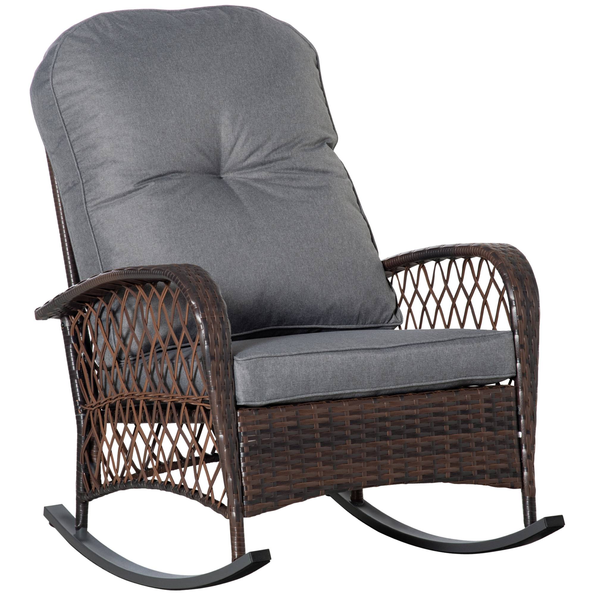 Sellerie pour fauteuil à bascule en PE rotin et acier avec coutures boutonnées, coloris marron et gris