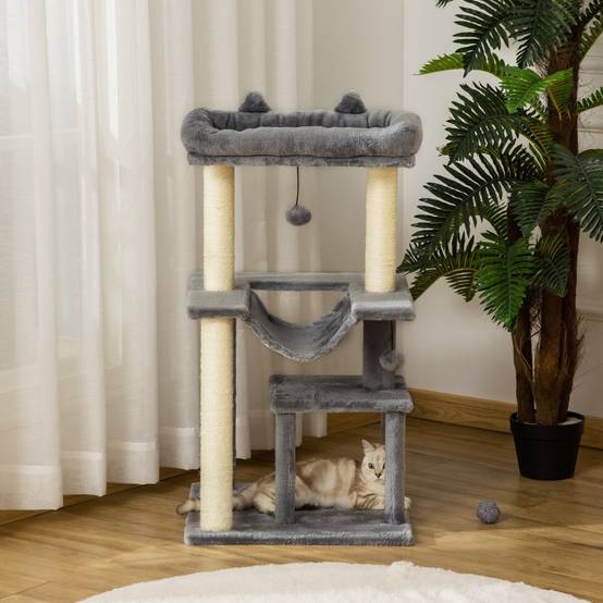 Arbre à chat 90 cm avec griffoir, hamac, aire de jeux, grotte, plateformes, griffoir d'activité, en sisal gris peluche - Image 7