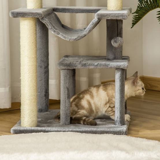 Arbre à chat 90 cm avec griffoir, hamac, aire de jeux, grotte, plateformes, griffoir d'activité, en sisal gris peluche - Image 8
