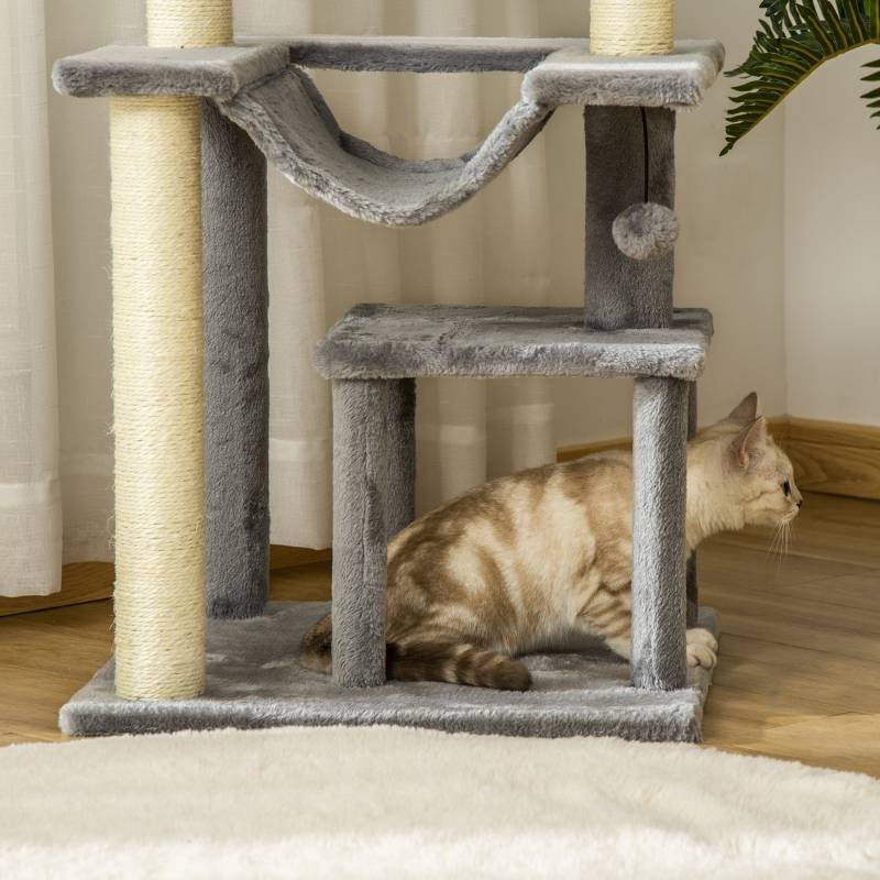 Arbre à chat 90 cm avec griffoir, hamac, aire de jeux, grotte, plateformes, griffoir d'activité, en sisal gris peluche - Image 8