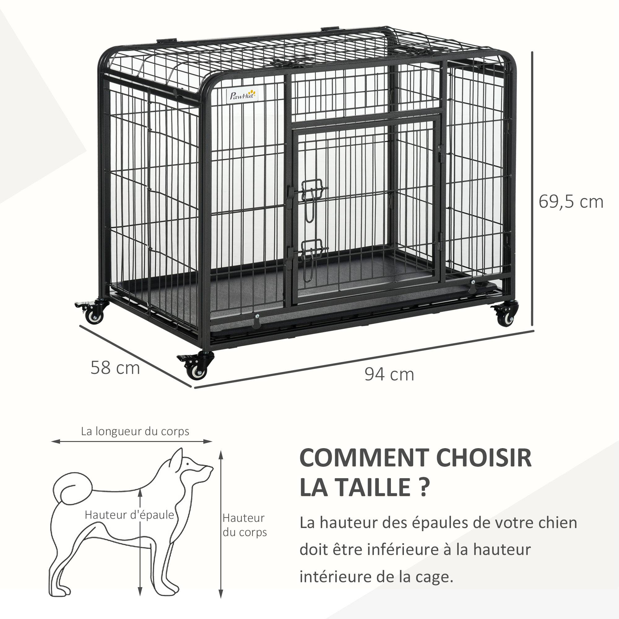 Pawhut - Cage pour chien pliable cage de transport sur roulettes 2 portes verrouillables plateau amovible dim. 94L x 58l x 69H cm métal gris noir - Image 3