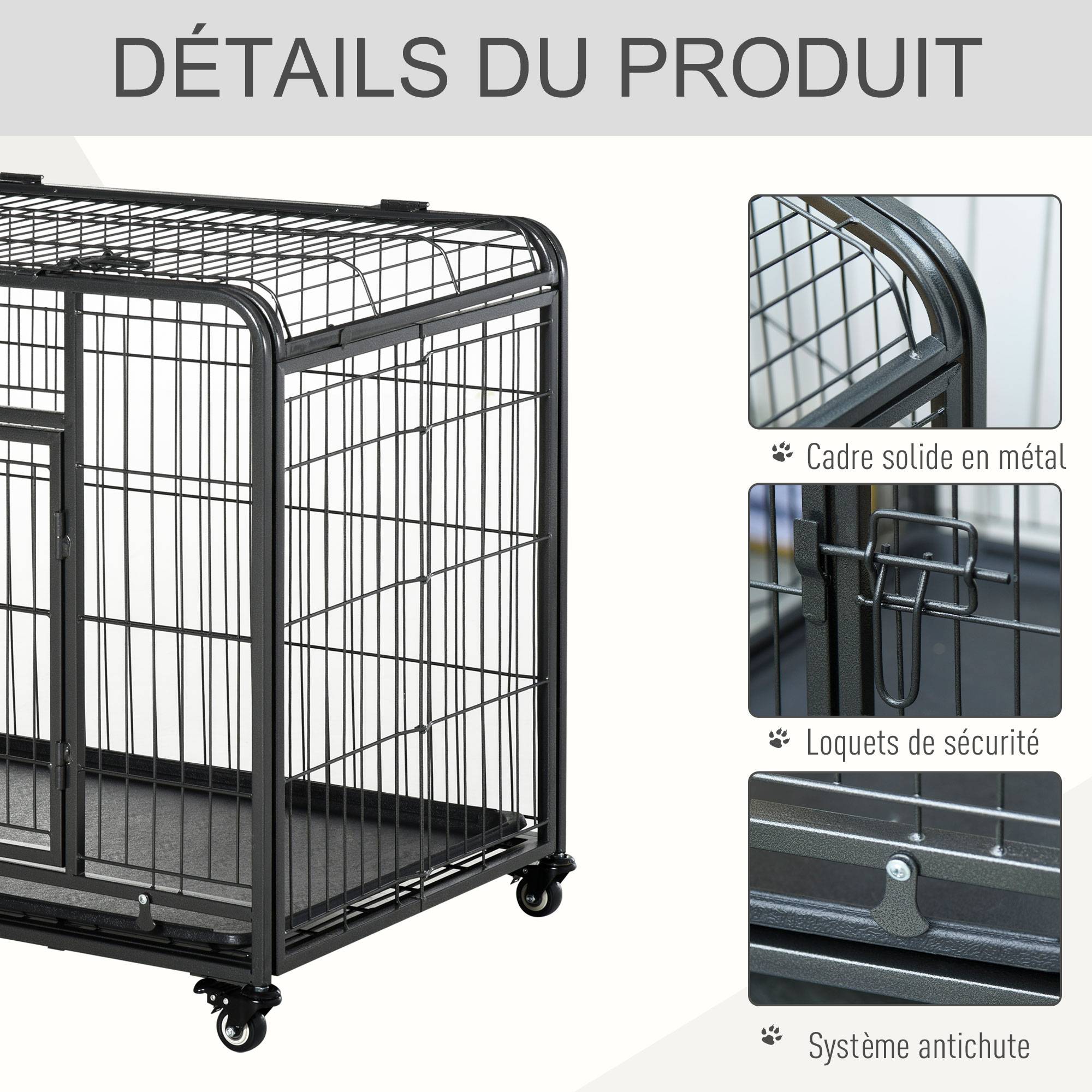 Pawhut - Cage pour chien pliable cage de transport sur roulettes 2 portes verrouillables plateau amovible dim. 94L x 58l x 69H cm métal gris noir - Image 7