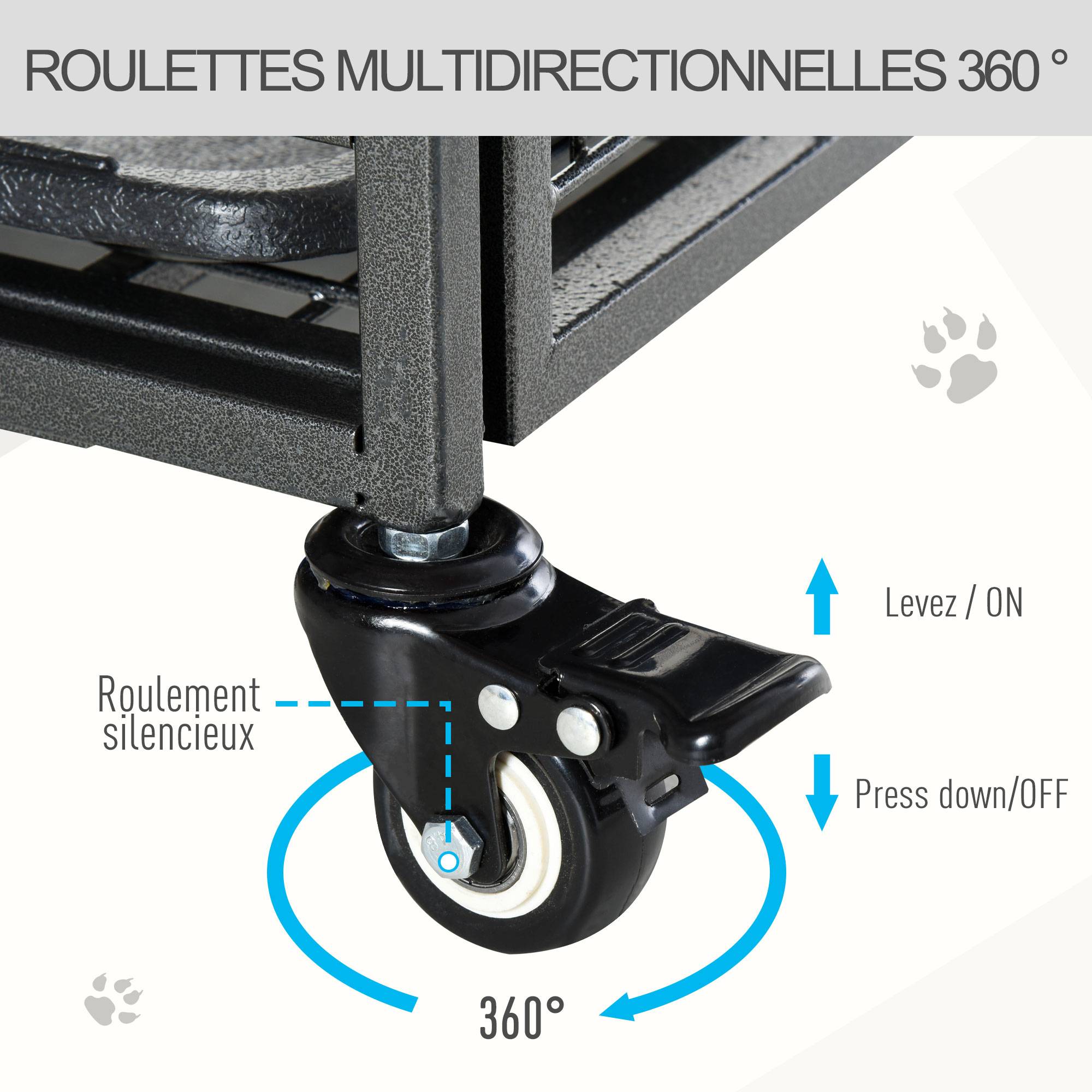 Pawhut - Cage pour chien pliable cage de transport sur roulettes 2 portes verrouillables plateau amovible dim. 94L x 58l x 69H cm métal gris noir - Image 6