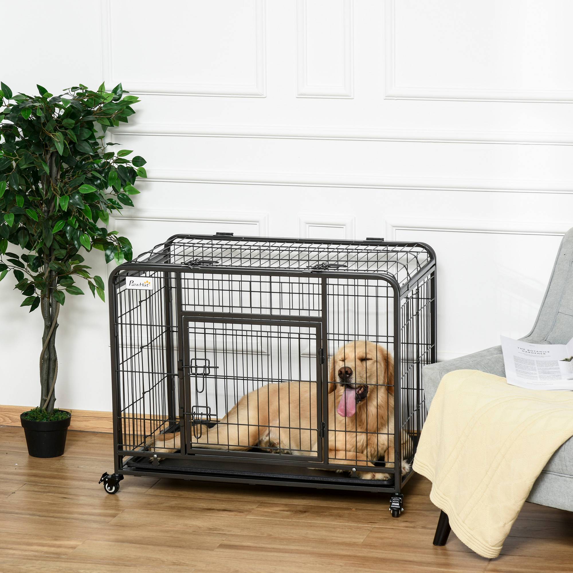 Pawhut - Cage pour chien pliable cage de transport sur roulettes 2 portes verrouillables plateau amovible dim. 94L x 58l x 69H cm métal gris noir - Image 2