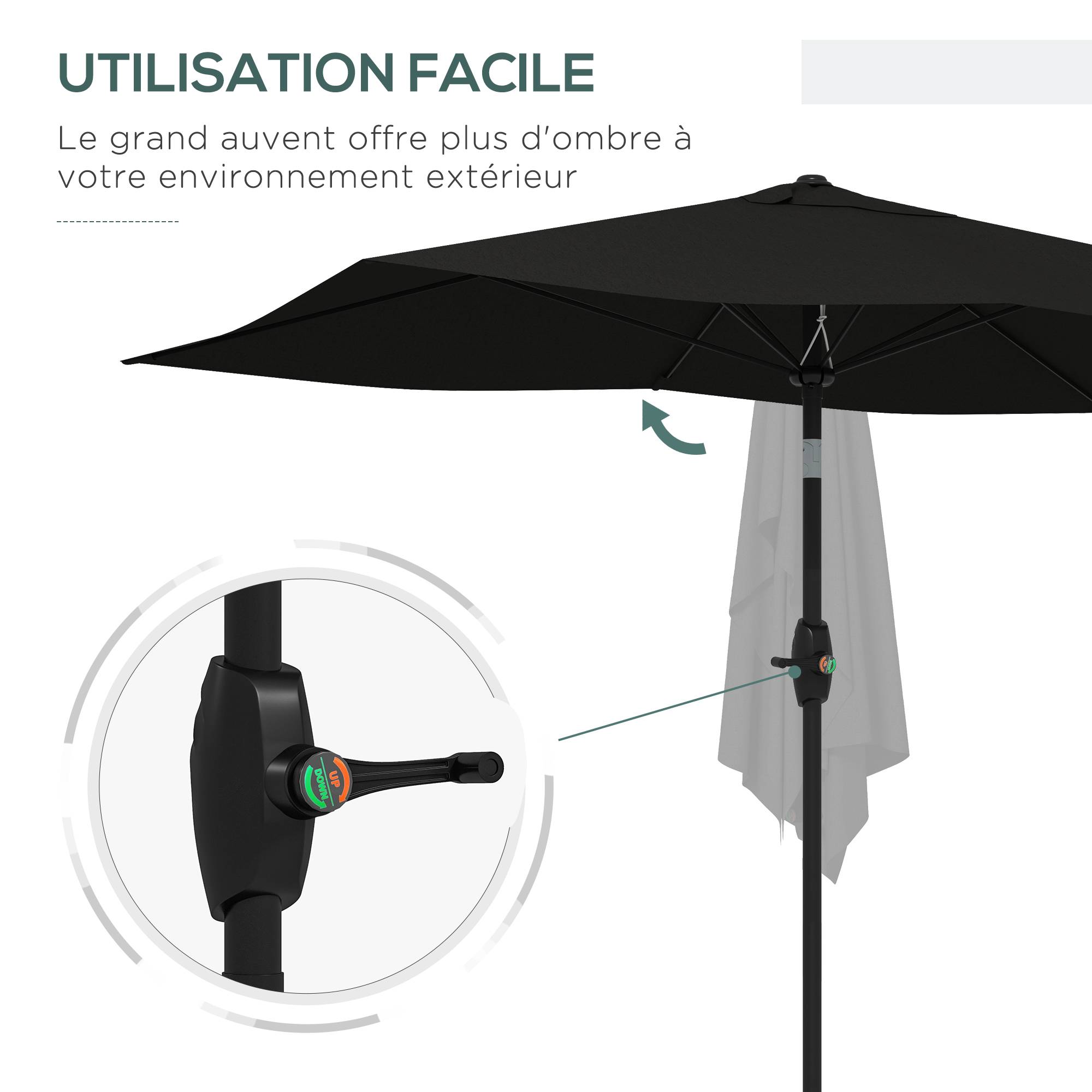 PANGIVO - Parasol rectangulaire inclinable avec manivelle en aluminium et polyester noir 290 x 200 x 248 cm - PANGIVO - Image 7