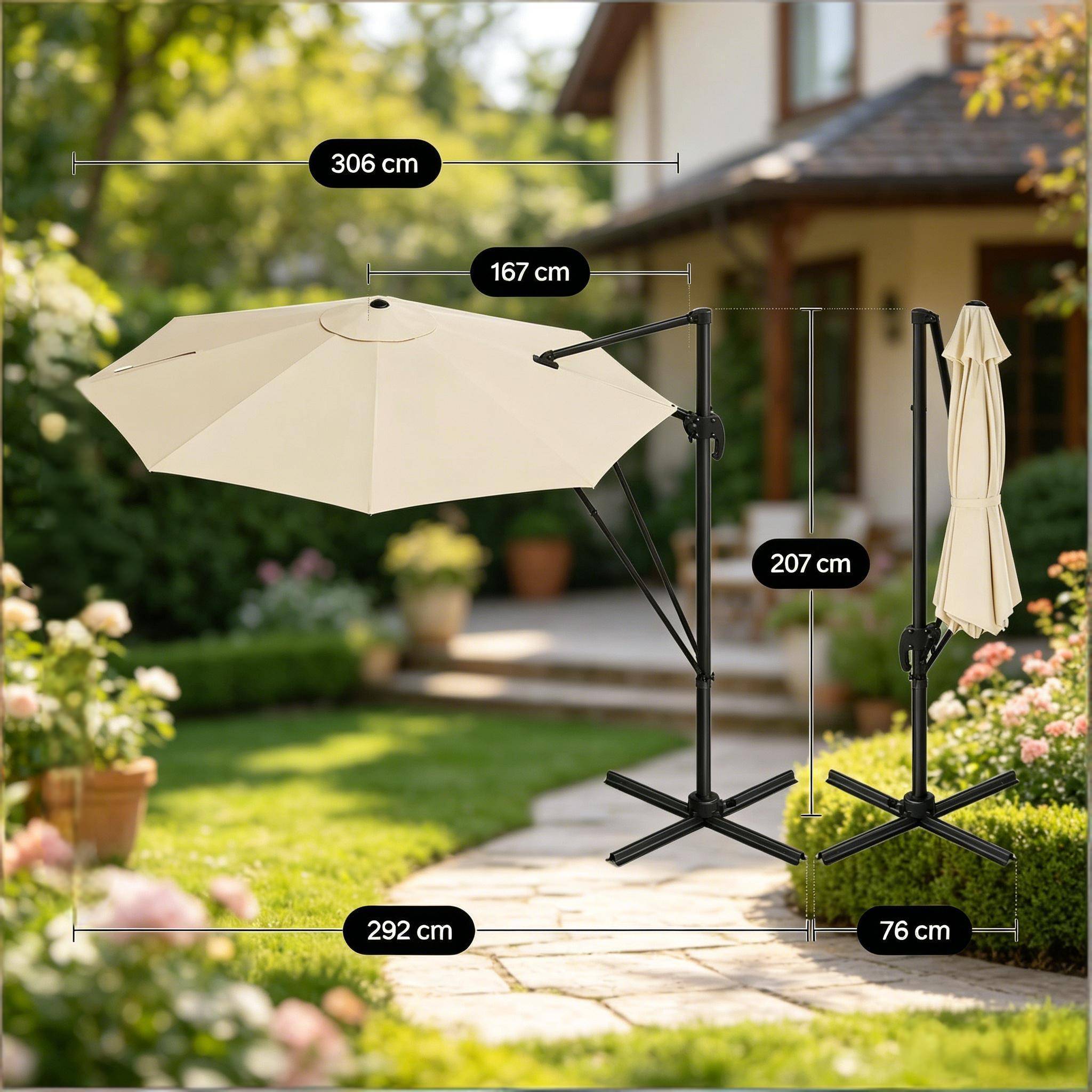 ComfortXL - Parasol déporté rond 3m polyester pour terrasse jardin orientable 360° avec base en croix Beige - ComfortXL Outdoor Living - Image 5