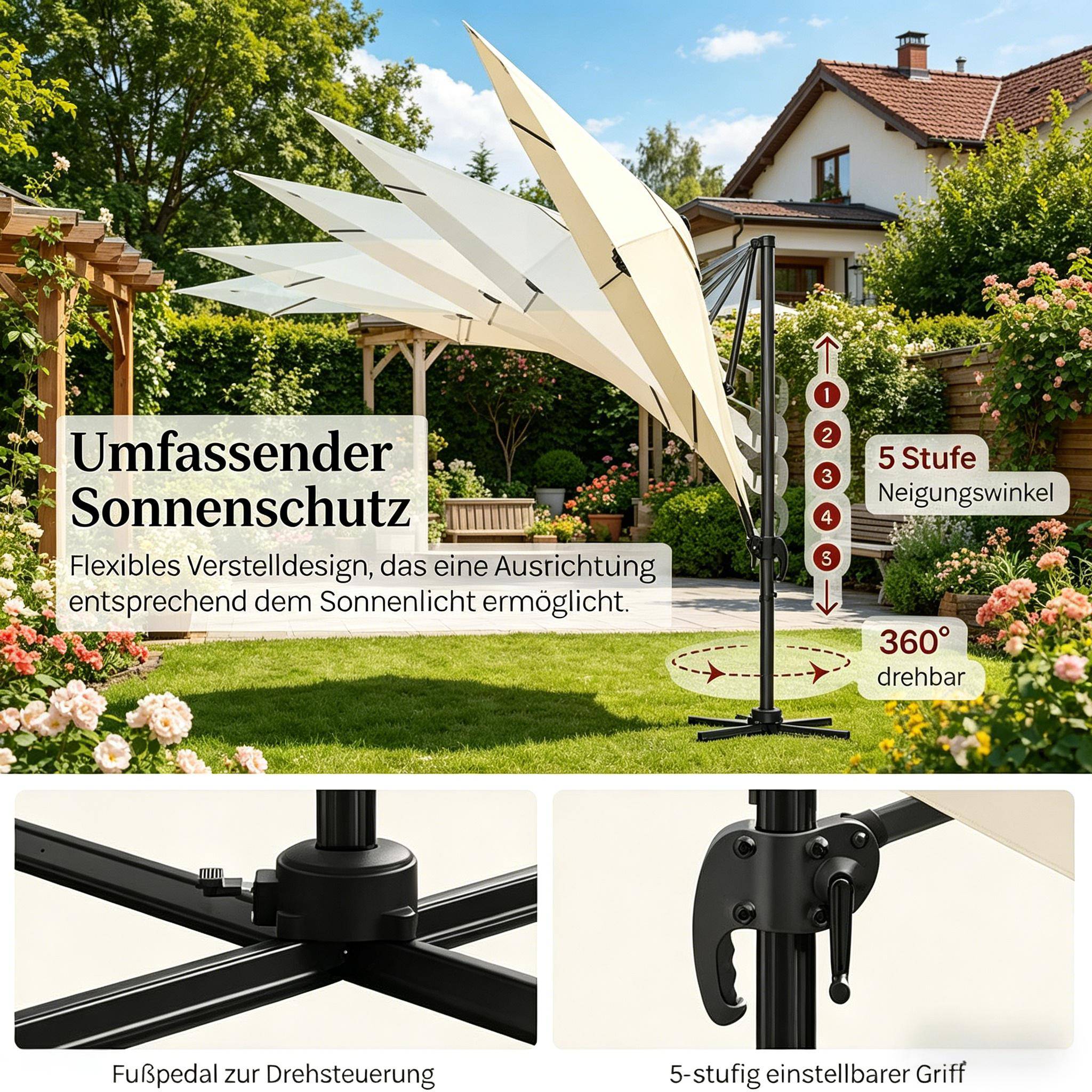 ComfortXL - Parasol déporté rond 3m polyester pour terrasse jardin orientable 360° avec base en croix Beige - ComfortXL Outdoor Living - Image 6