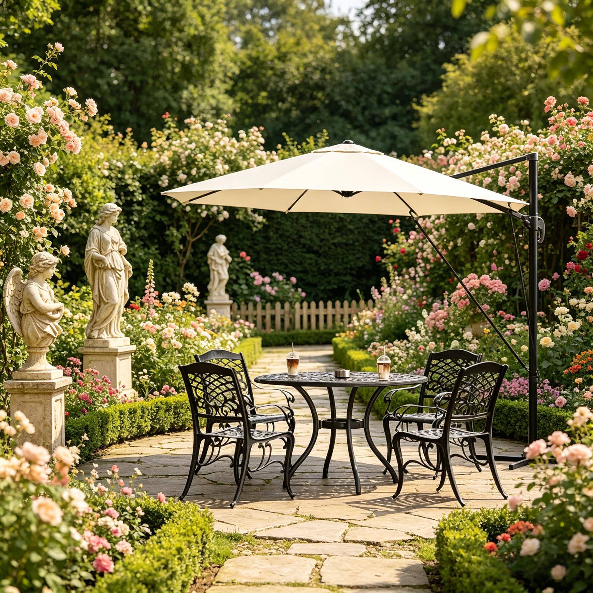 ComfortXL - Parasol déporté rond 3m polyester pour terrasse jardin orientable 360° avec base en croix Beige - ComfortXL Outdoor Living - Image 3