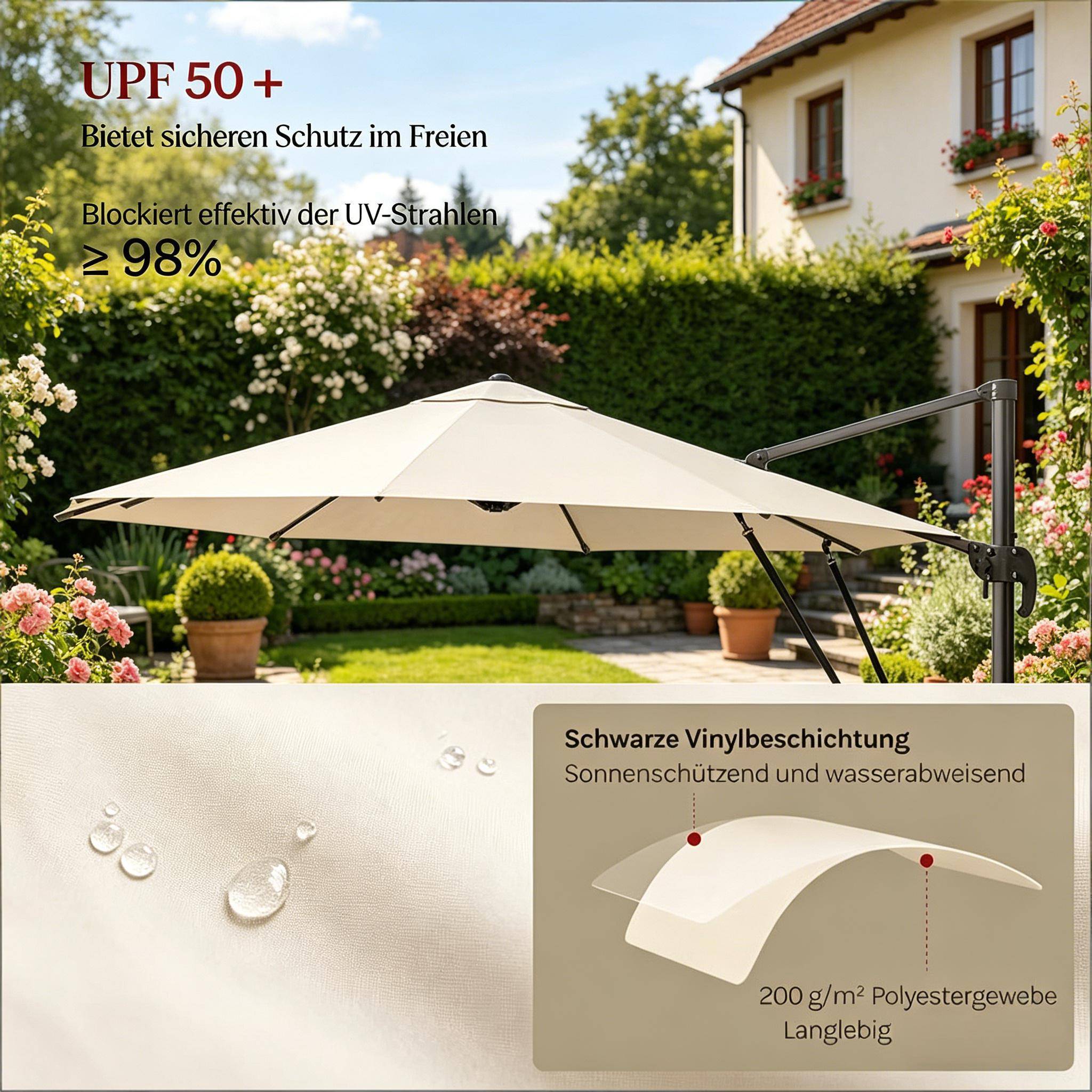 ComfortXL - Parasol déporté rond 3m polyester pour terrasse jardin orientable 360° avec base en croix Beige - ComfortXL Outdoor Living - Image 4