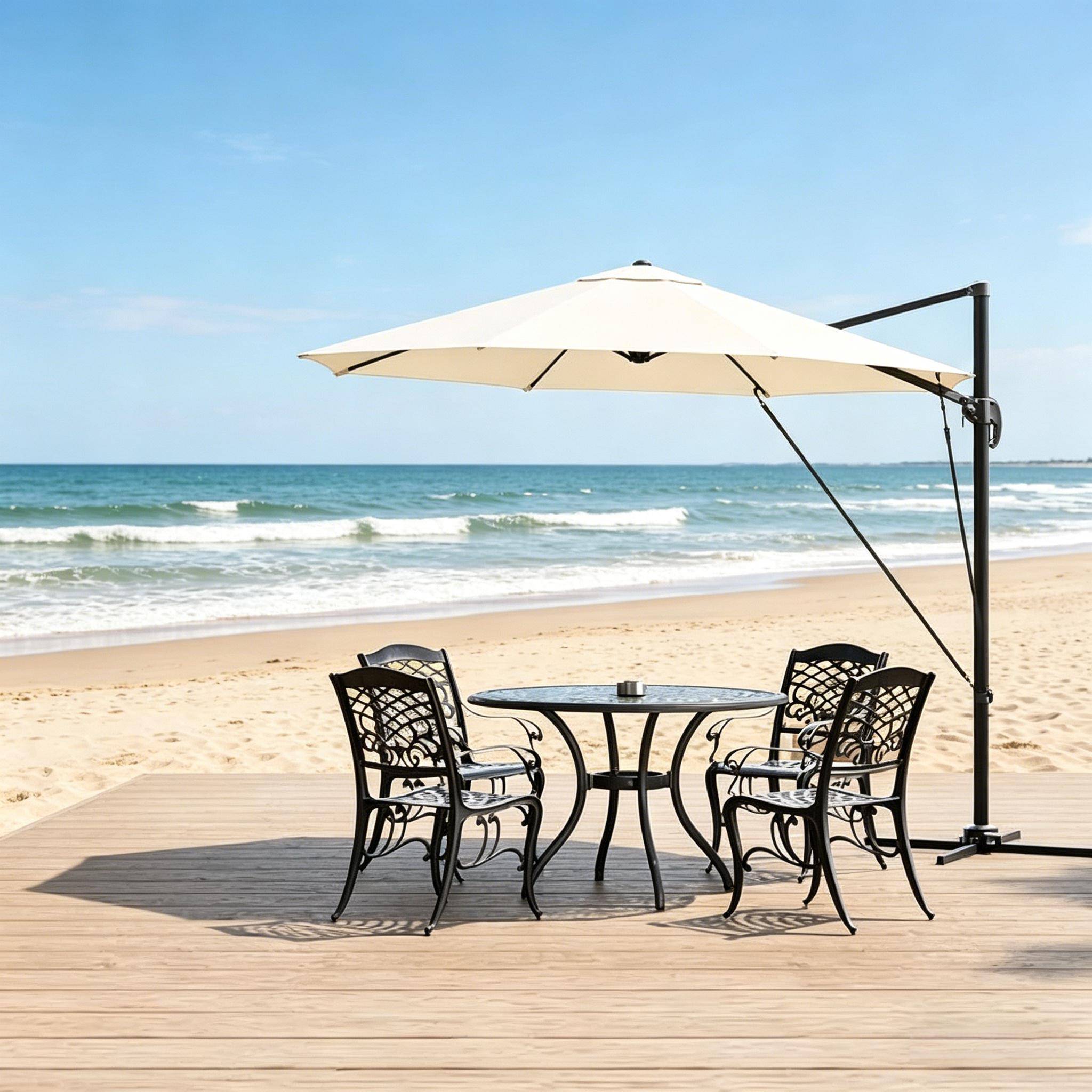 ComfortXL - Parasol déporté rond 3m polyester pour terrasse jardin orientable 360° avec base en croix Beige - ComfortXL Outdoor Living - Image 1