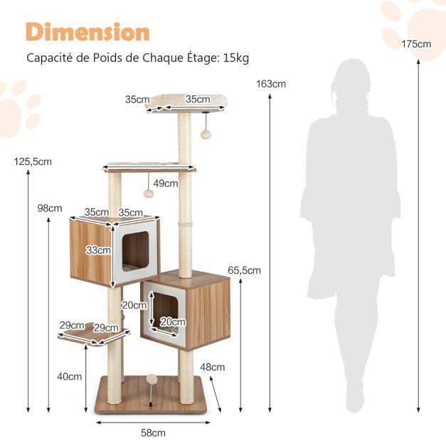 Helloshop26 - Arbre à chat en bois 163 cm avec 3 plateformes 2 niches 3 balles griffoirs en sisal perchoir coussins lavables naturel - Imagen 2
