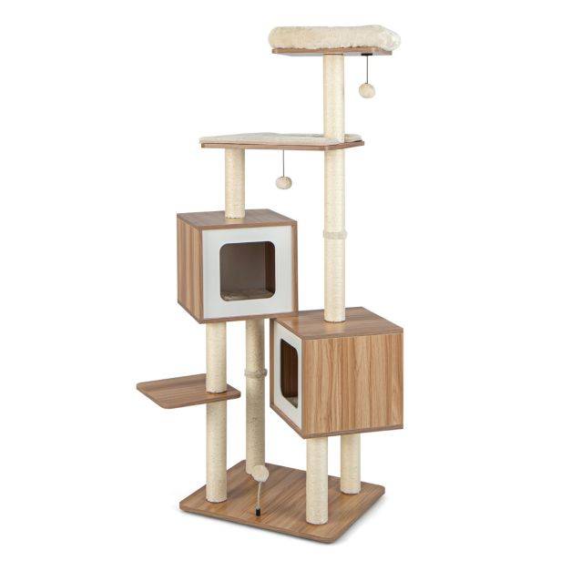 Helloshop26 - Arbre à chat en bois 163 cm avec 3 plateformes 2 niches 3 balles griffoirs en sisal perchoir coussins lavables naturel - Imagen 1